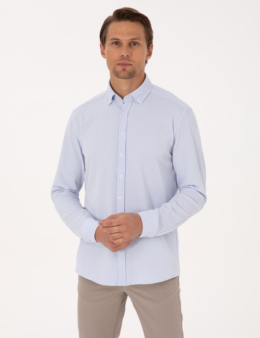 Açık Mavi Slim Fit Çizgili Uzun Kollu Gömlek