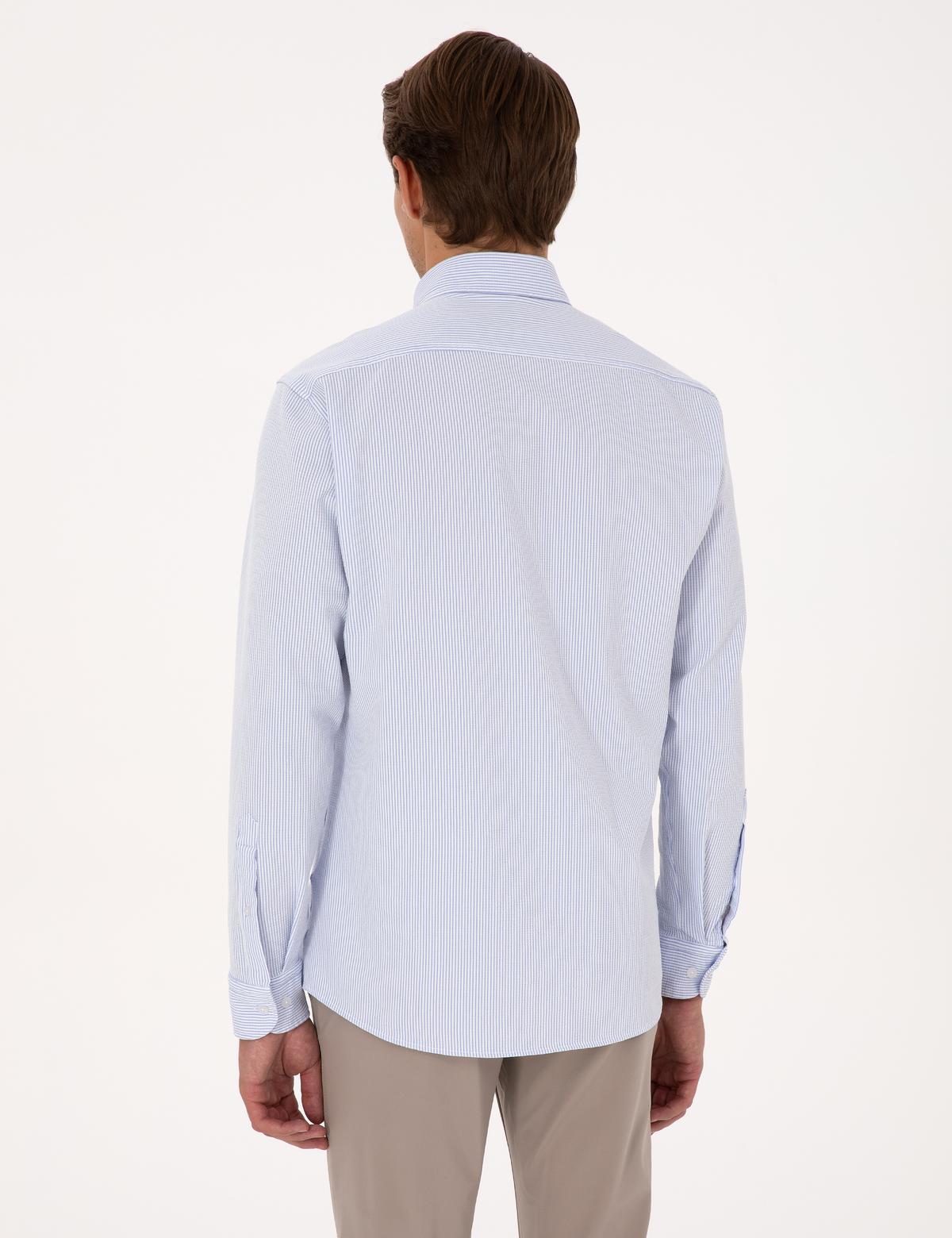 Açık Mavi Esnek Slim Fit Çizgili Uzun Kollu Gömlek - 50307162001