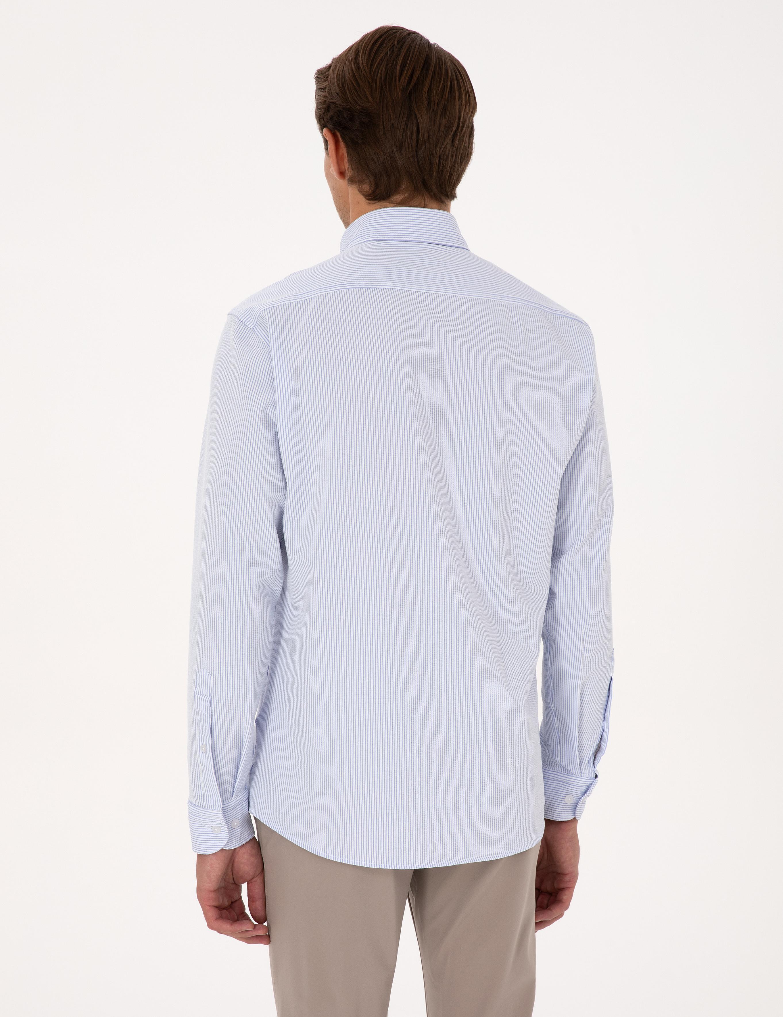 Açık Mavi Esnek Slim Fit Çizgili Uzun Kollu Gömlek