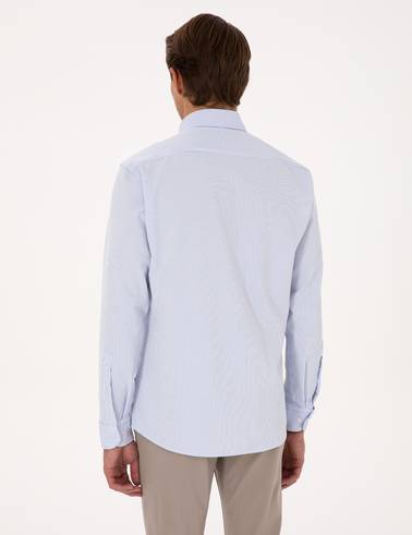 Açık Mavi Esnek Slim Fit Çizgili Uzun Kollu Gömlek
