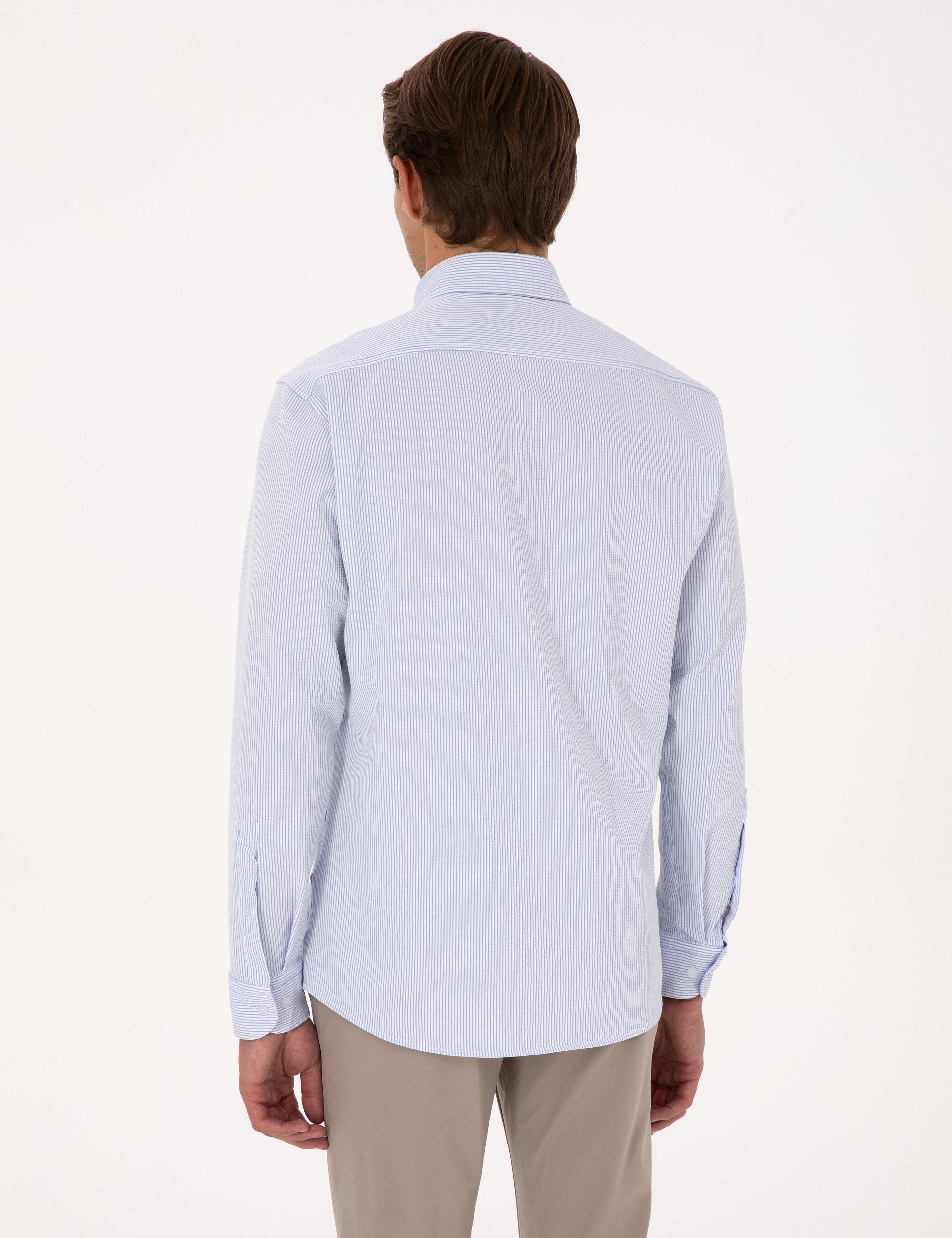 Açık Mavi Esnek Slim Fit Çizgili Uzun Kollu Gömlek