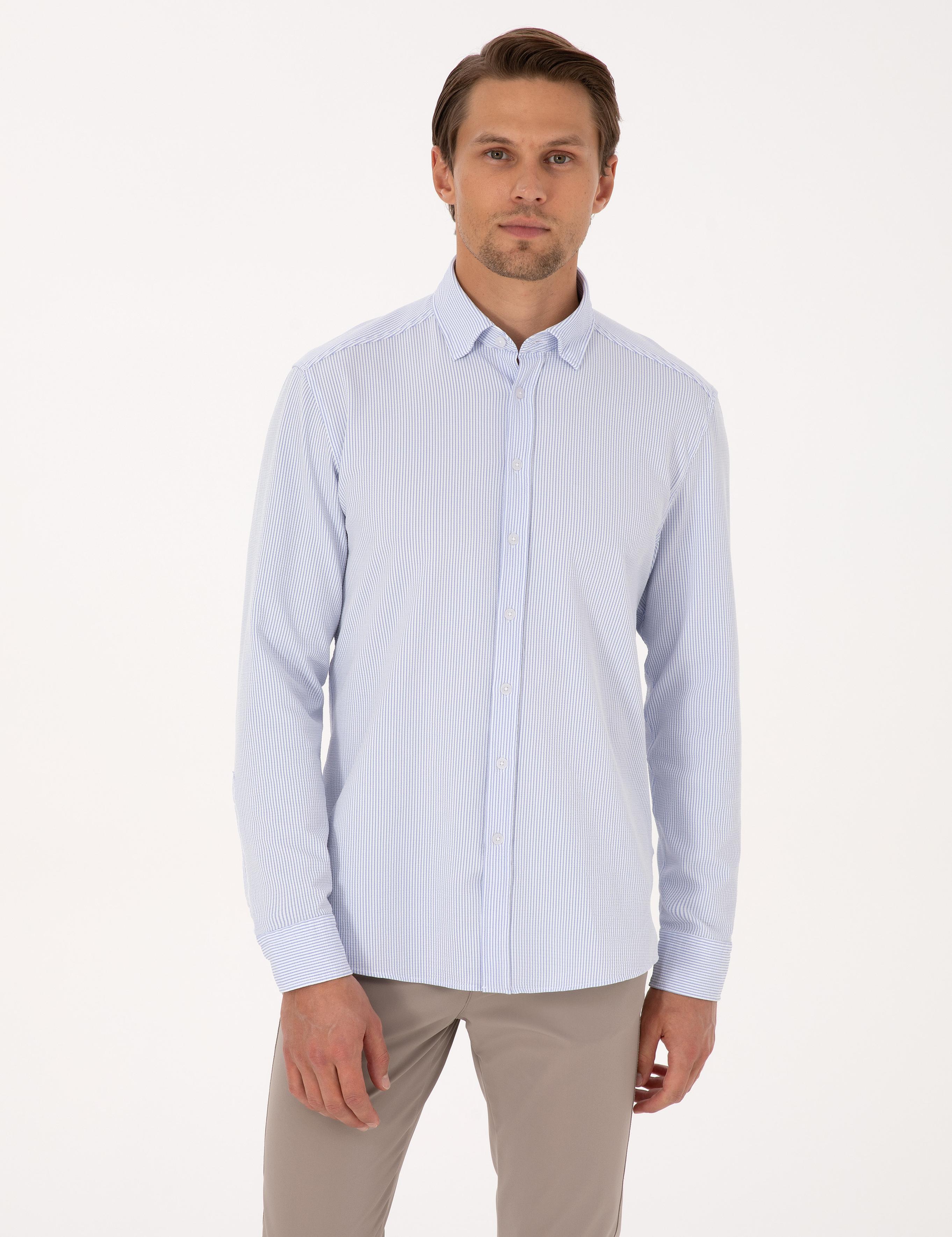 Açık Mavi Esnek Slim Fit Çizgili Uzun Kollu Gömlek