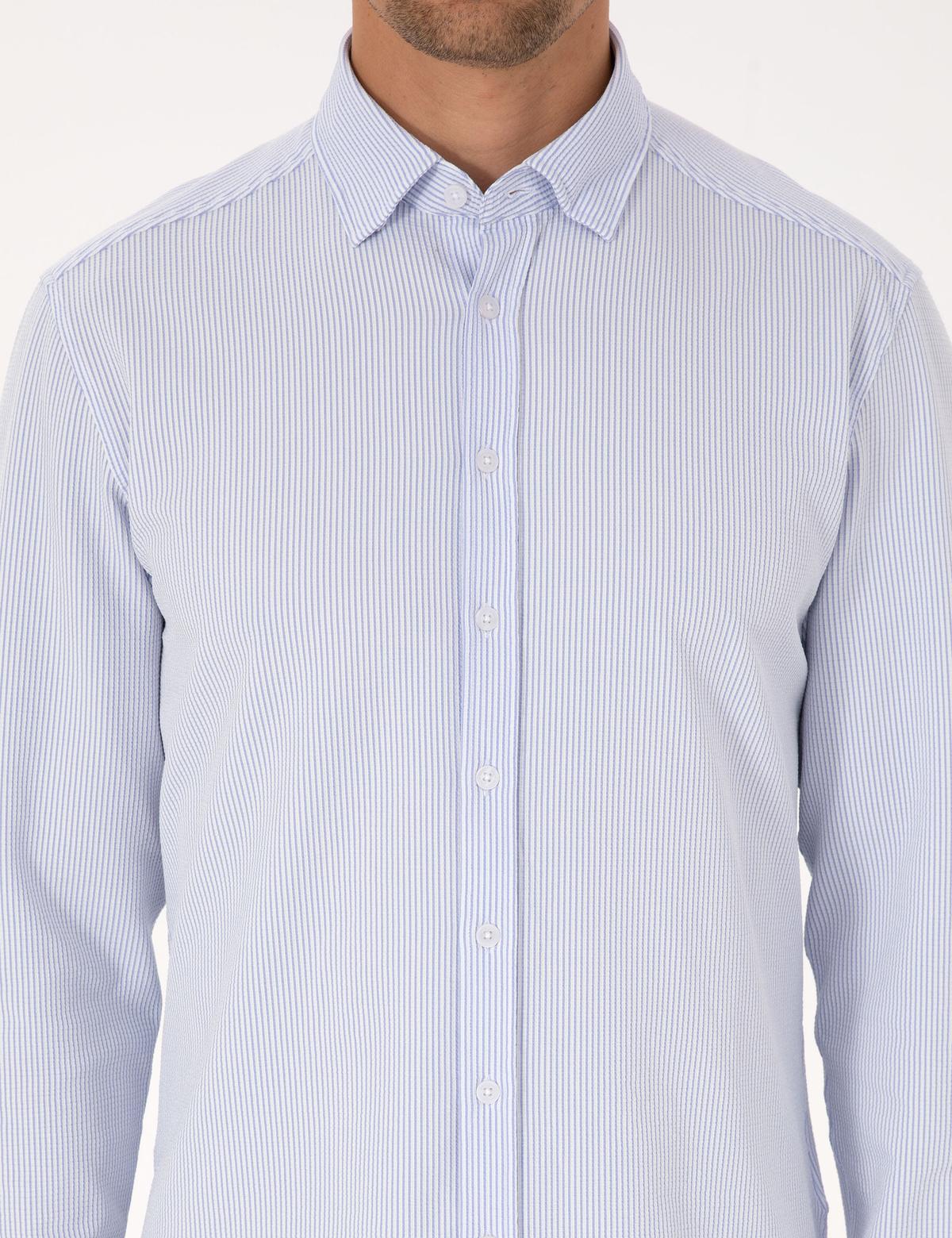 Açık Mavi Esnek Slim Fit Çizgili Uzun Kollu Gömlek - 50307162001