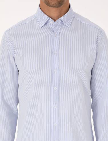 Açık Mavi Esnek Slim Fit Çizgili Uzun Kollu Gömlek