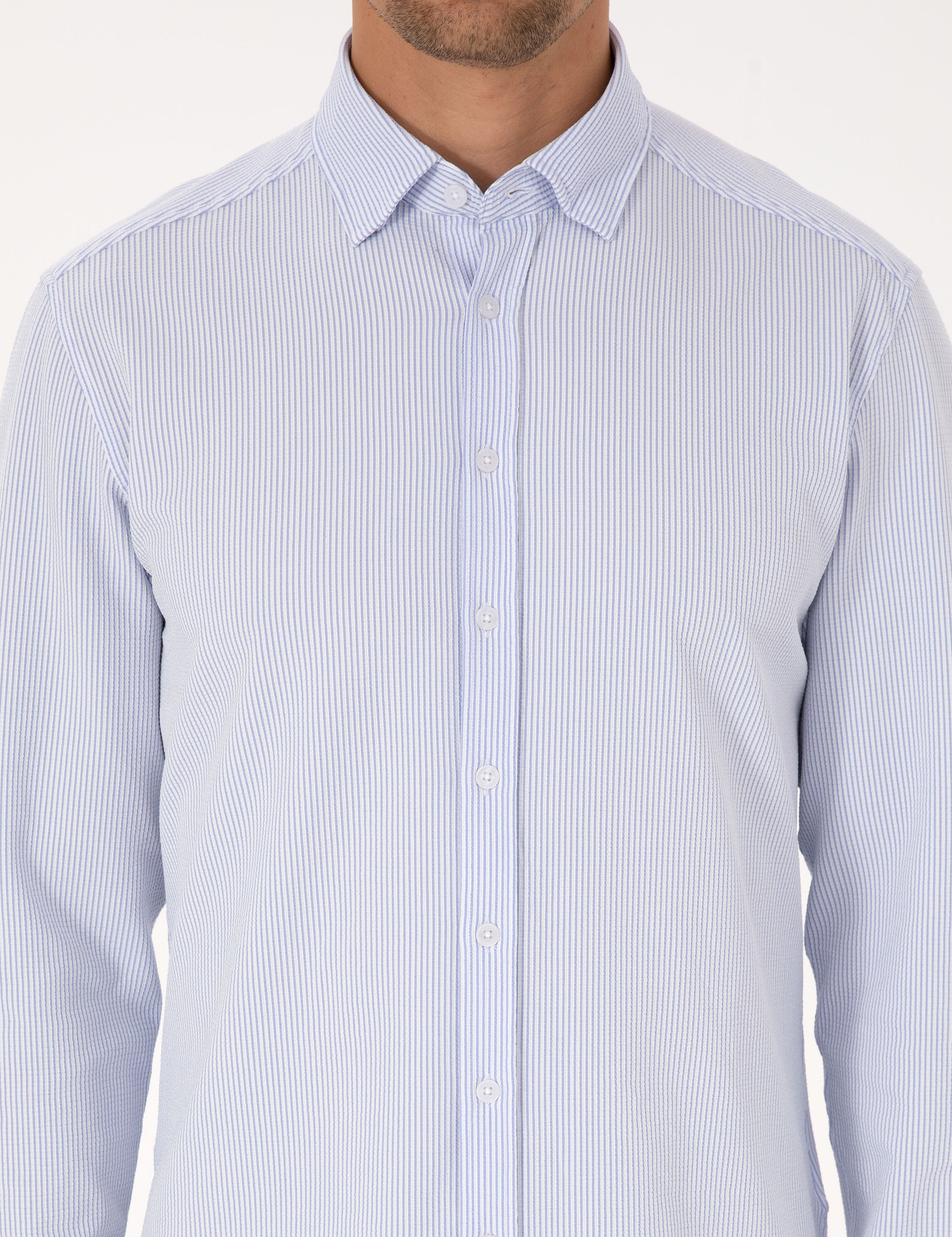 Açık Mavi Esnek Slim Fit Çizgili Uzun Kollu Gömlek - Image 6