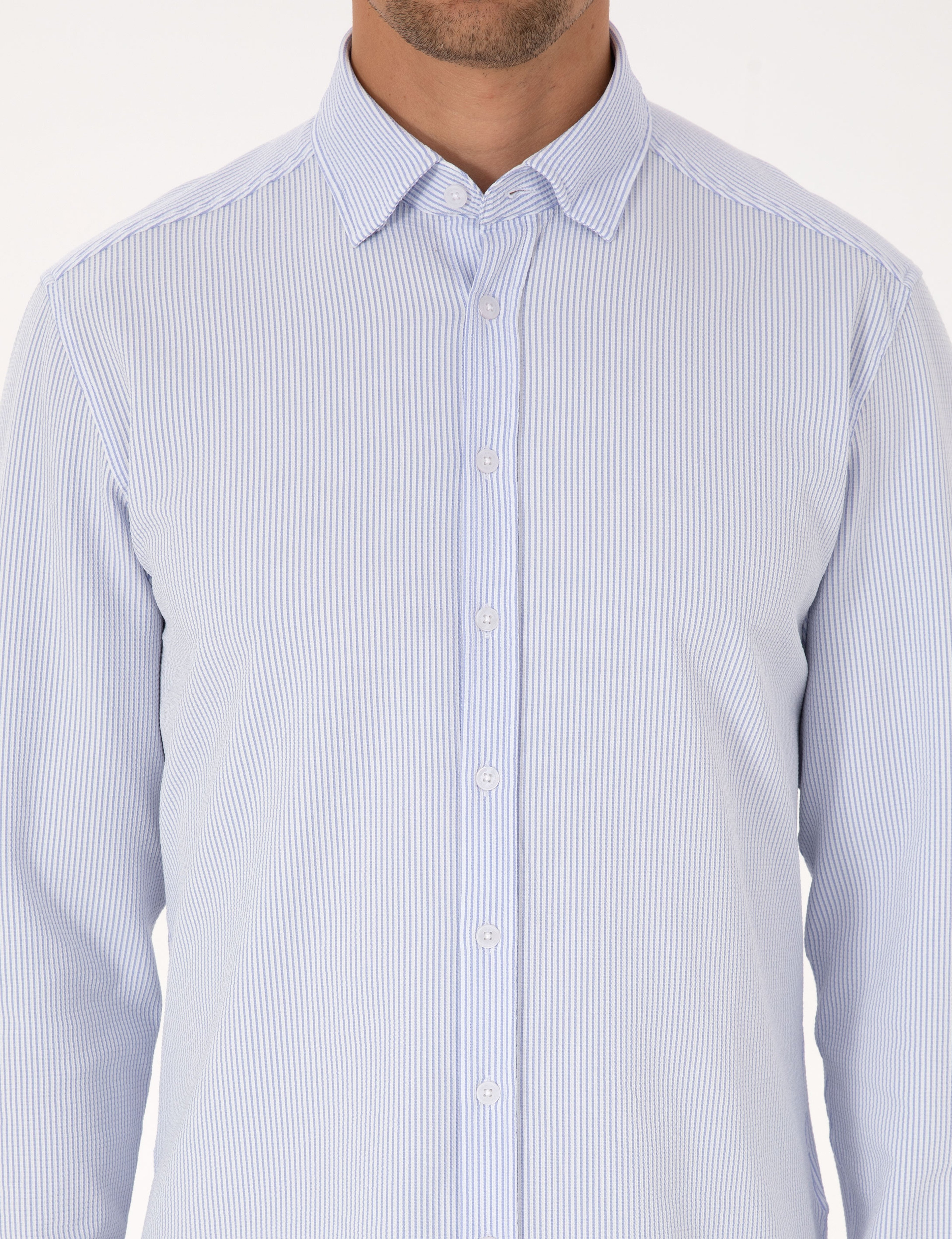 Açık Mavi Esnek Slim Fit Çizgili Uzun Kollu Gömlek