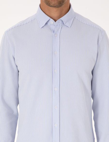 Açık Mavi Esnek Slim Fit Çizgili Uzun Kollu Gömlek - 50307162001