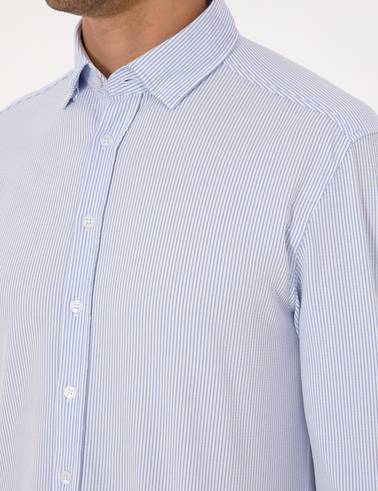 Açık Mavi Esnek Slim Fit Çizgili Uzun Kollu Gömlek