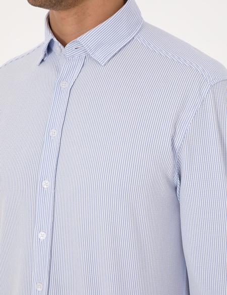 Açık Mavi Esnek Slim Fit Çizgili Uzun Kollu Gömlek - 50307162001