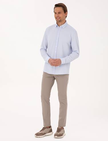 Açık Mavi Esnek Slim Fit Çizgili Uzun Kollu Gömlek