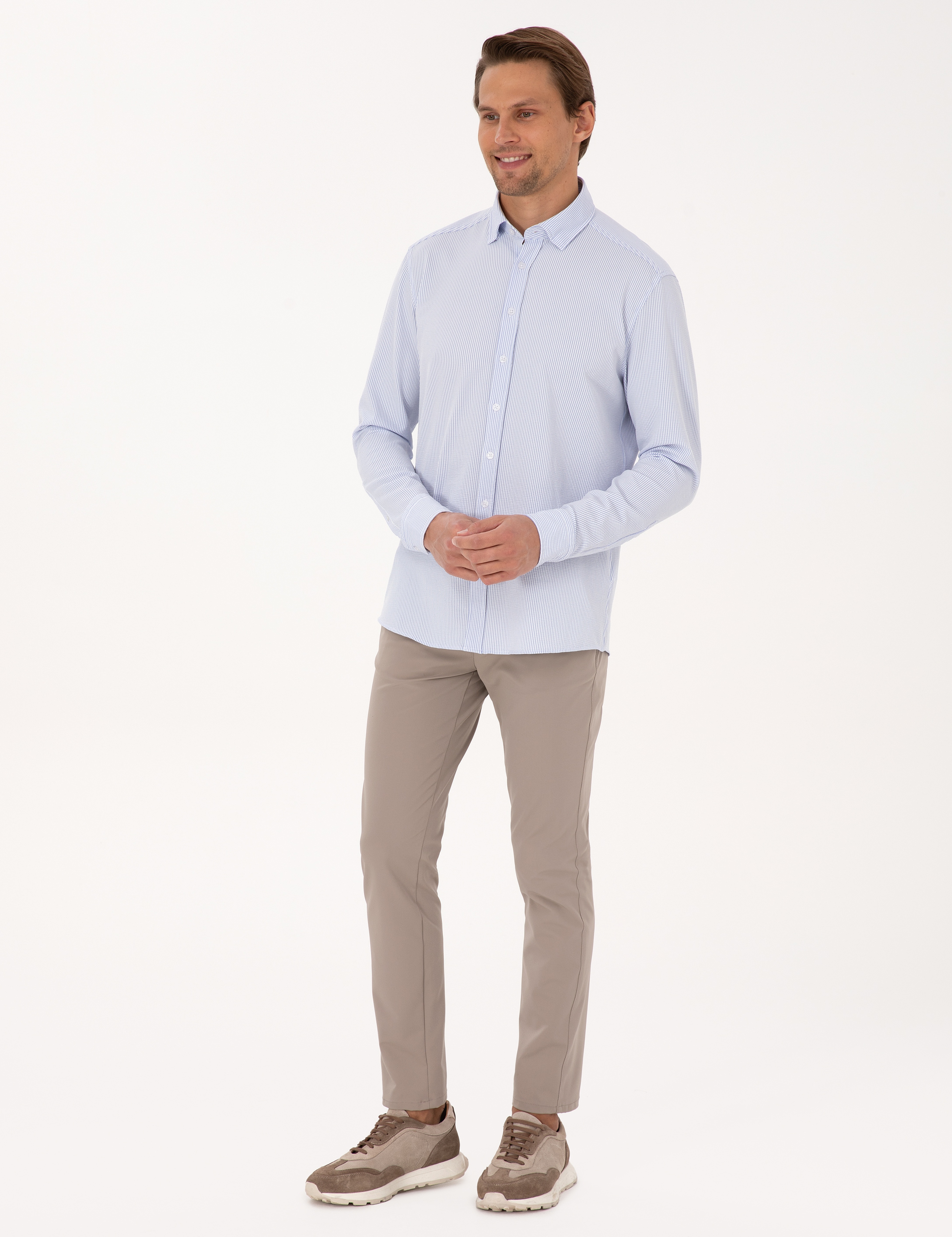 Açık Mavi Esnek Slim Fit Çizgili Uzun Kollu Gömlek - Image 4