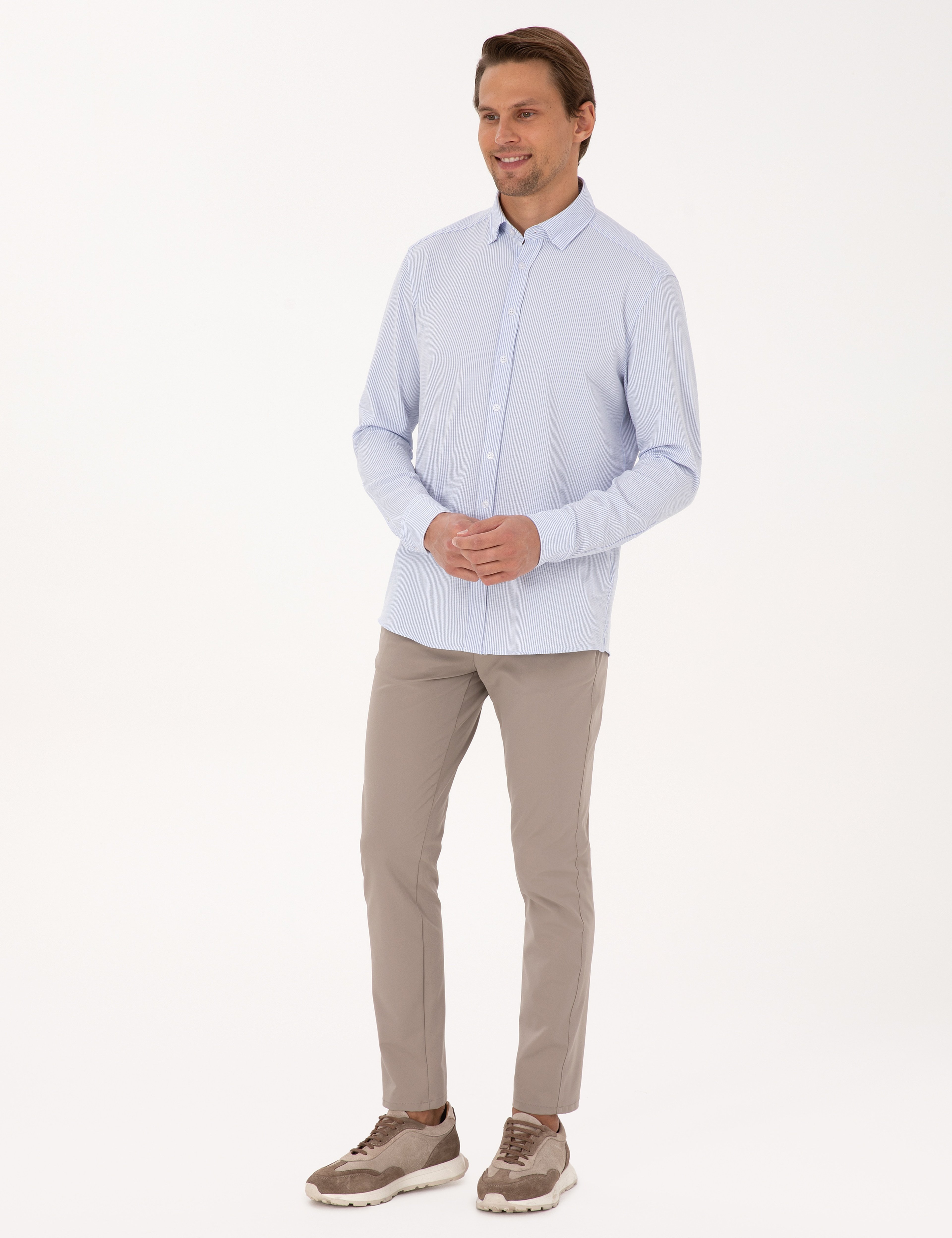 Açık Mavi Esnek Slim Fit Çizgili Uzun Kollu Gömlek