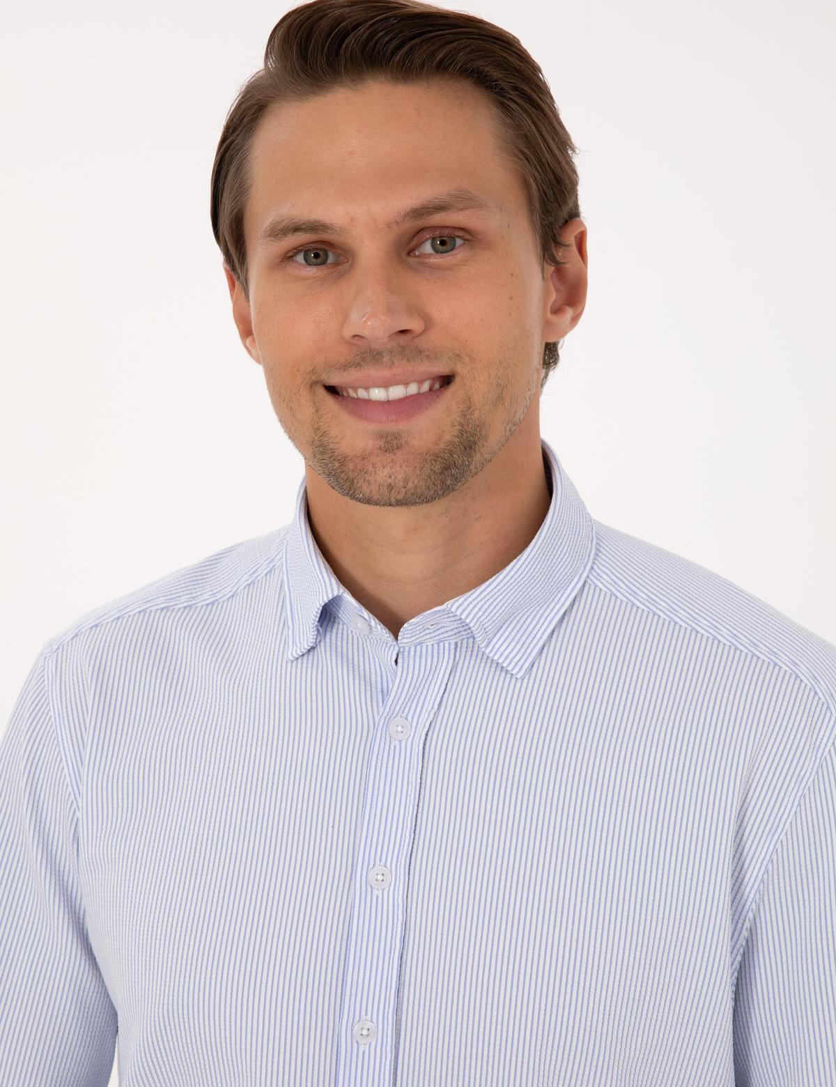 Açık Mavi Esnek Slim Fit Çizgili Uzun Kollu Gömlek - 50307162001