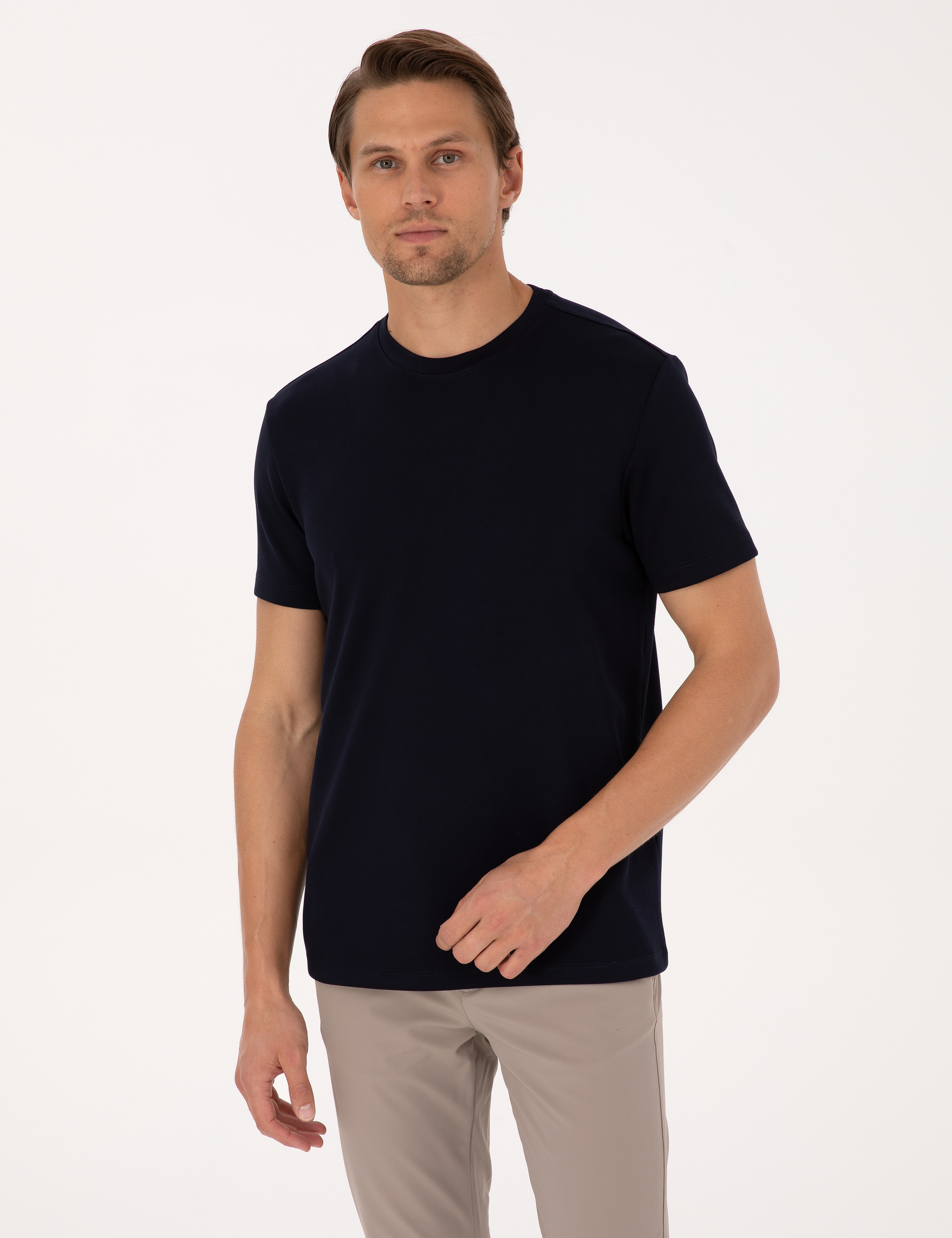 Lacivert Regular Fit Kalın Dokulu Bisiklet Yaka Basic Tişört - Image 3