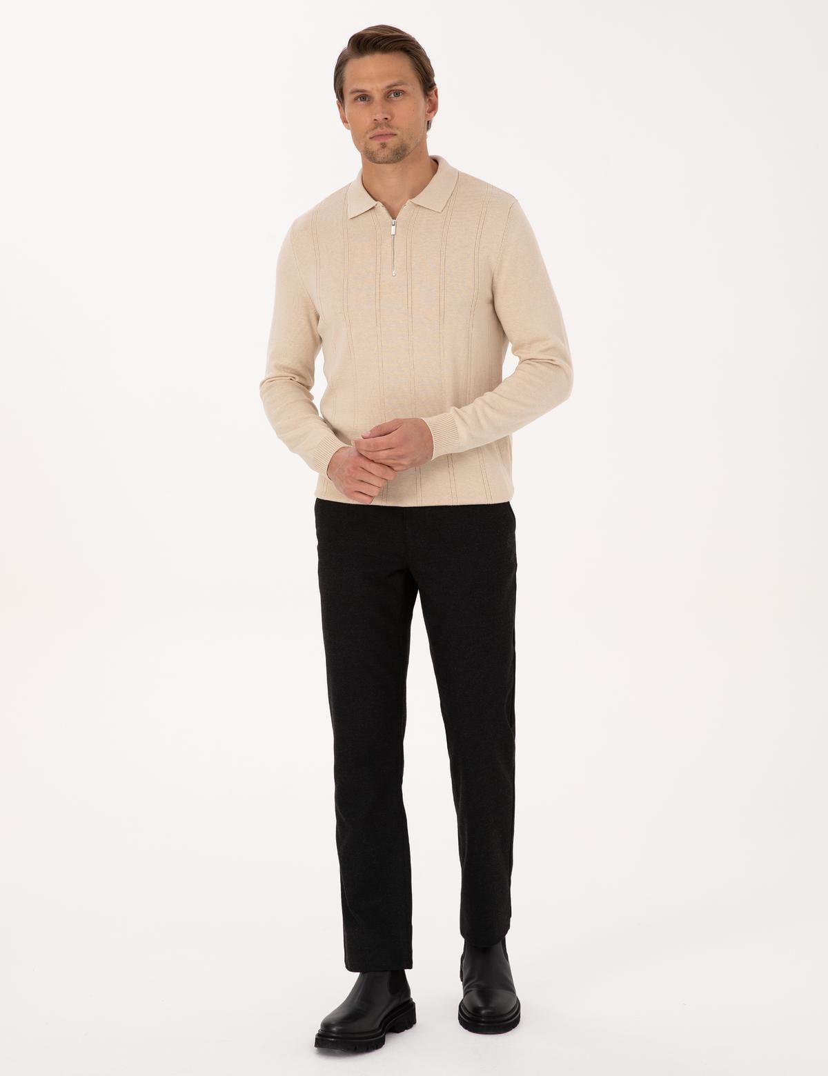 Siyah Regular Fit Beli Lastikli Kanvas Pantolon