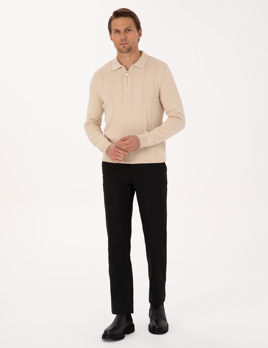 Siyah Regular Fit Beli Lastikli Kanvas Pantolon