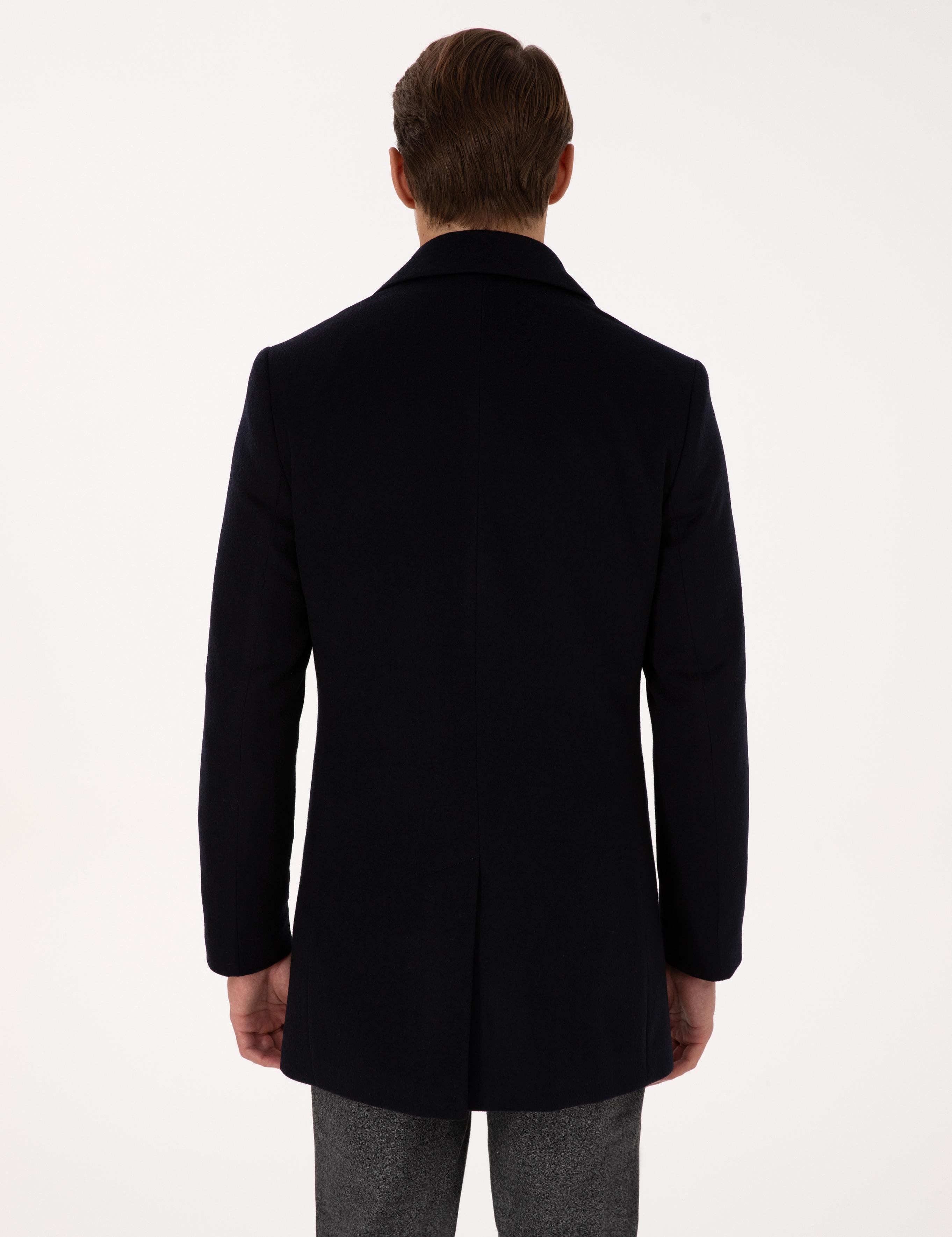 Lacivert Ex. Slim Fit Yün Karışımlı Kaşe Kaban