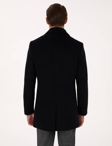 Lacivert Ex. Slim Fit Yün Karışımlı Kaşe Kaban