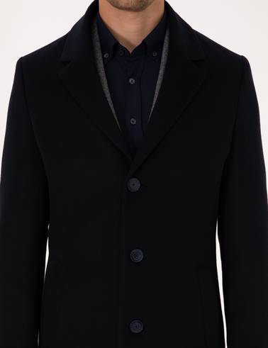 Lacivert Ex. Slim Fit Yün Karışımlı Kaşe Kaban