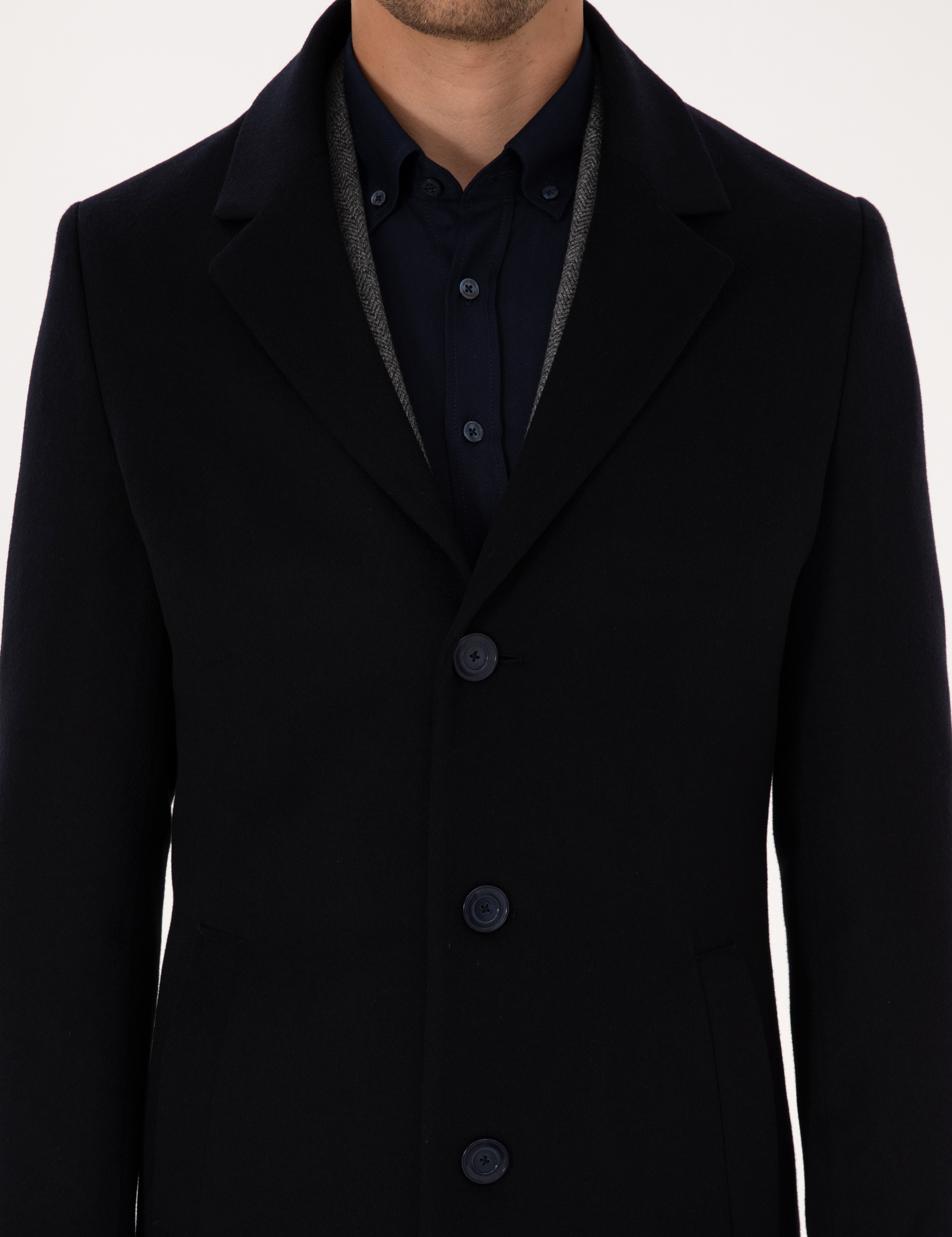Lacivert Ex. Slim Fit Yün Karışımlı Kaşe Kaban - Image 7