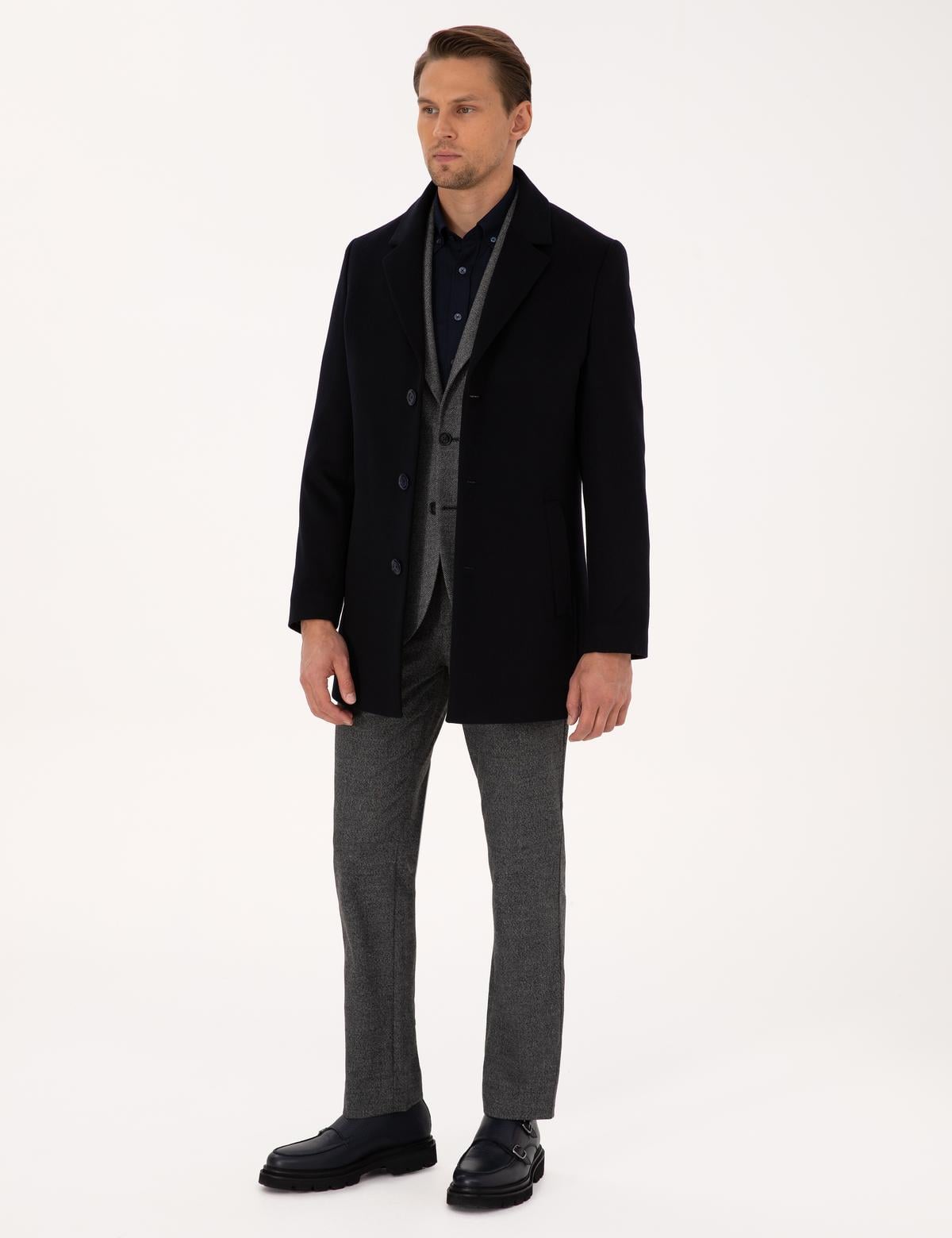 Lacivert Ex. Slim Fit Yün Karışımlı Kaşe Kaban - 50314200071