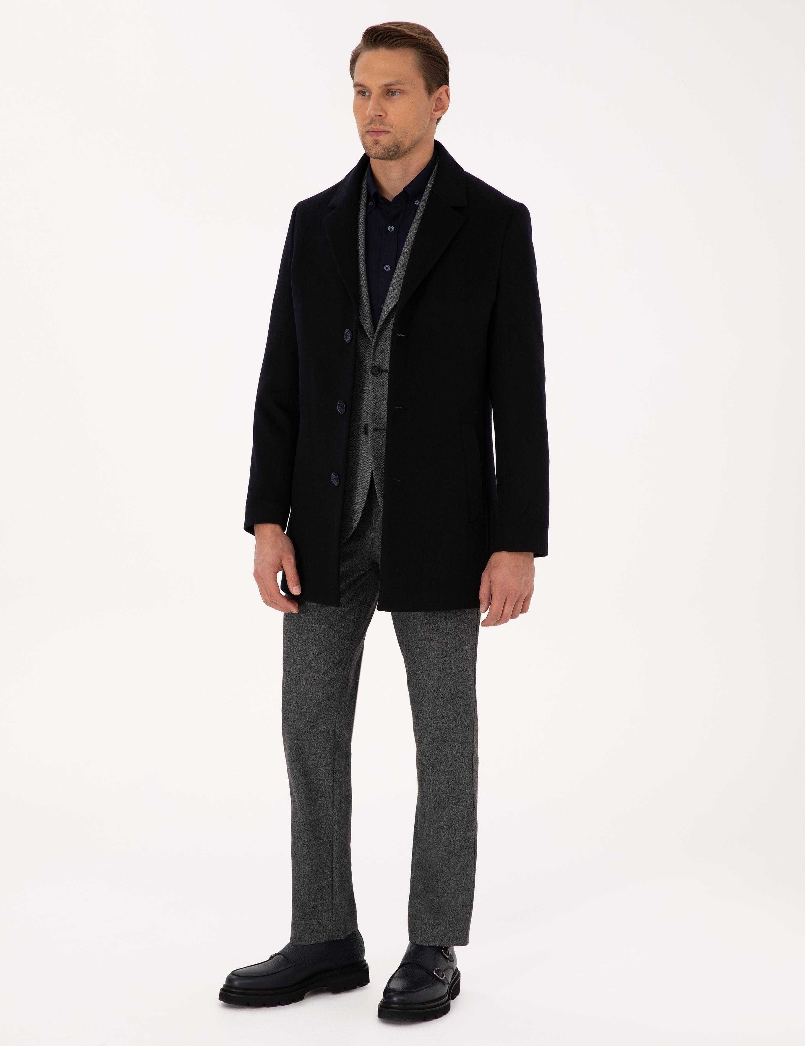 Lacivert Ex. Slim Fit Yün Karışımlı Kaşe Kaban