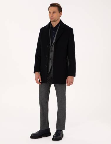 Lacivert Ex. Slim Fit Yün Karışımlı Kaşe Kaban