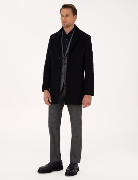 Lacivert Ex. Slim Fit Yün Karışımlı Kaşe Kaban - 50314200071