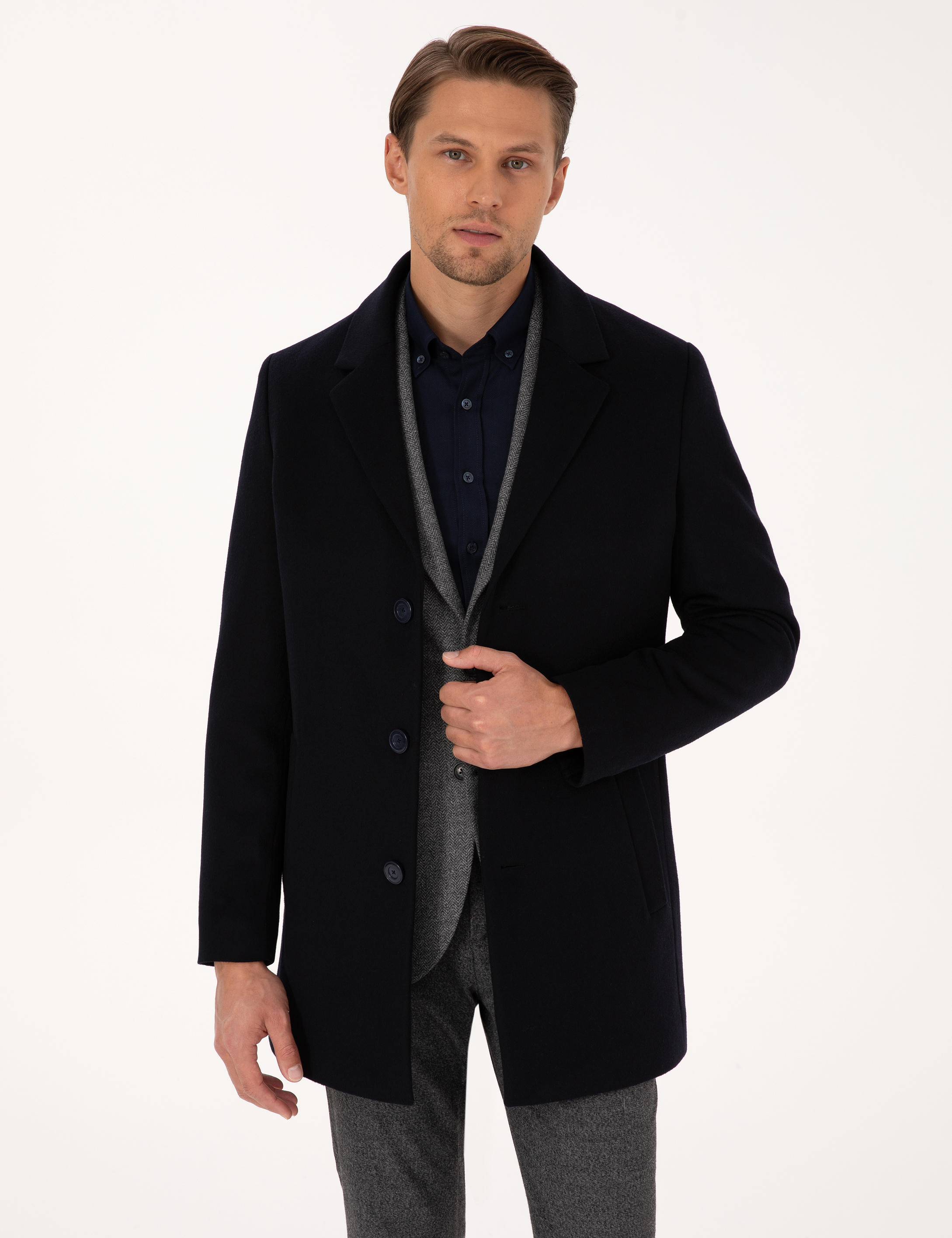 Lacivert Ex. Slim Fit Yün Karışımlı Kaşe Kaban