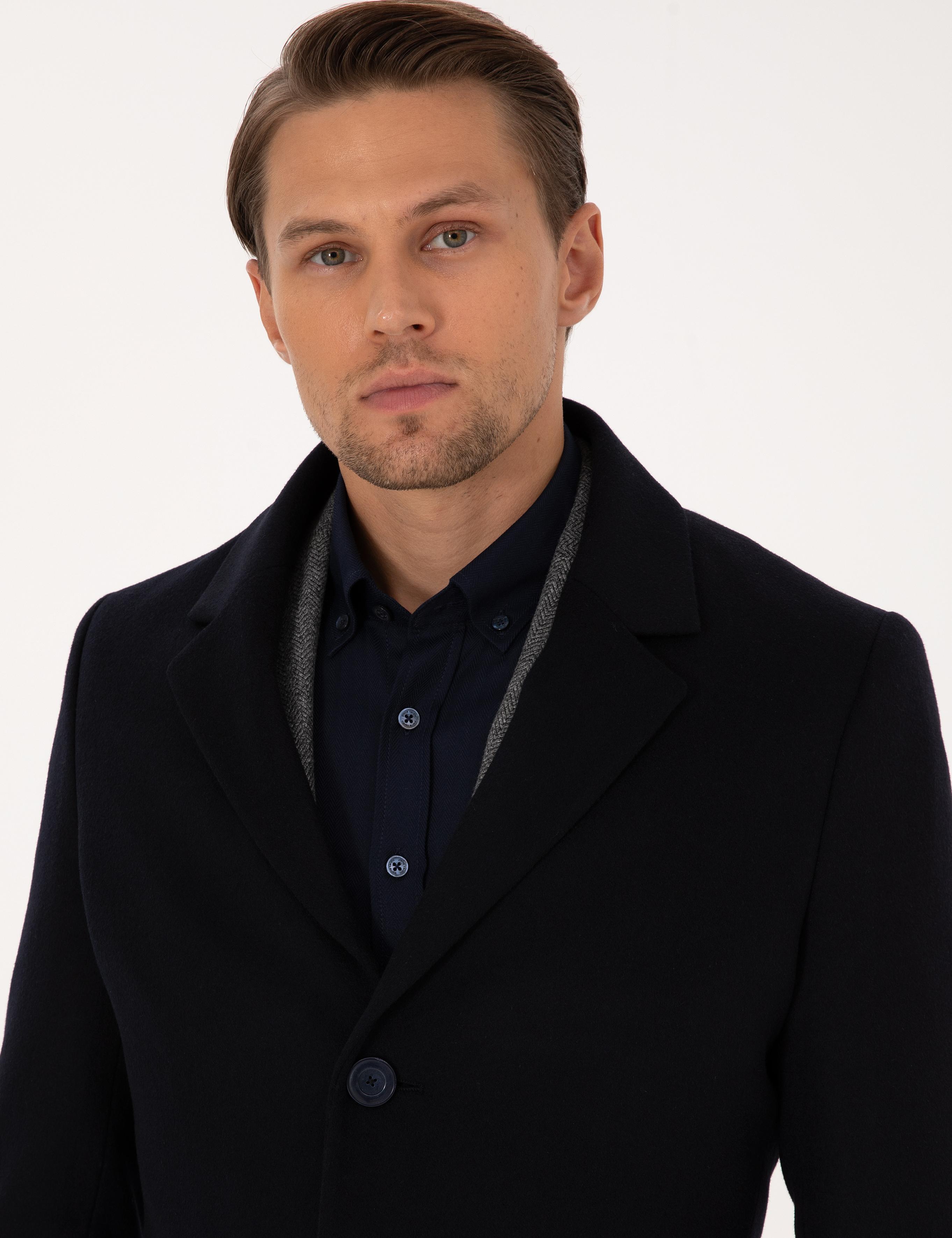 Lacivert Ex. Slim Fit Yün Karışımlı Kaşe Kaban