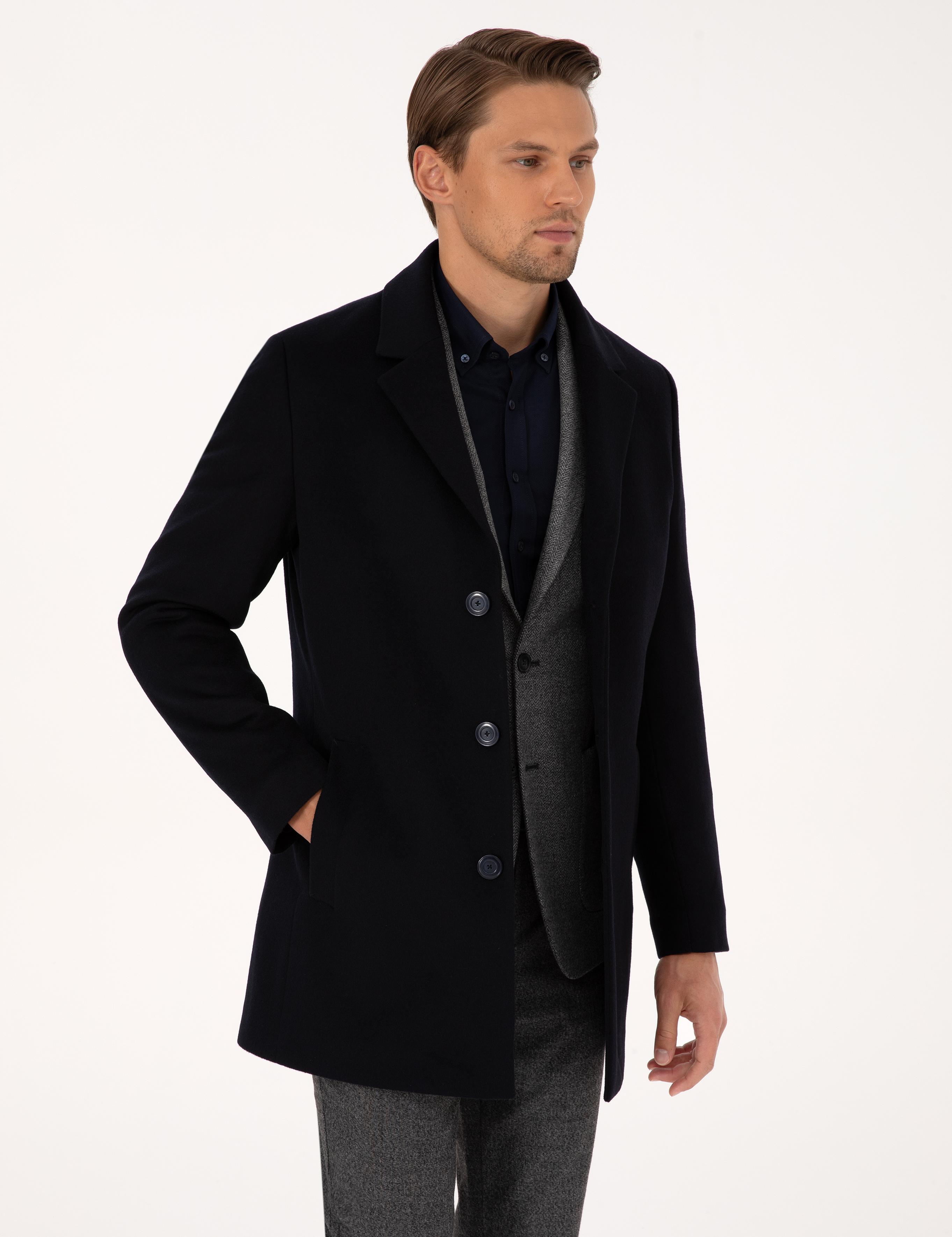 Lacivert Ex. Slim Fit Yün Karışımlı Kaşe Kaban