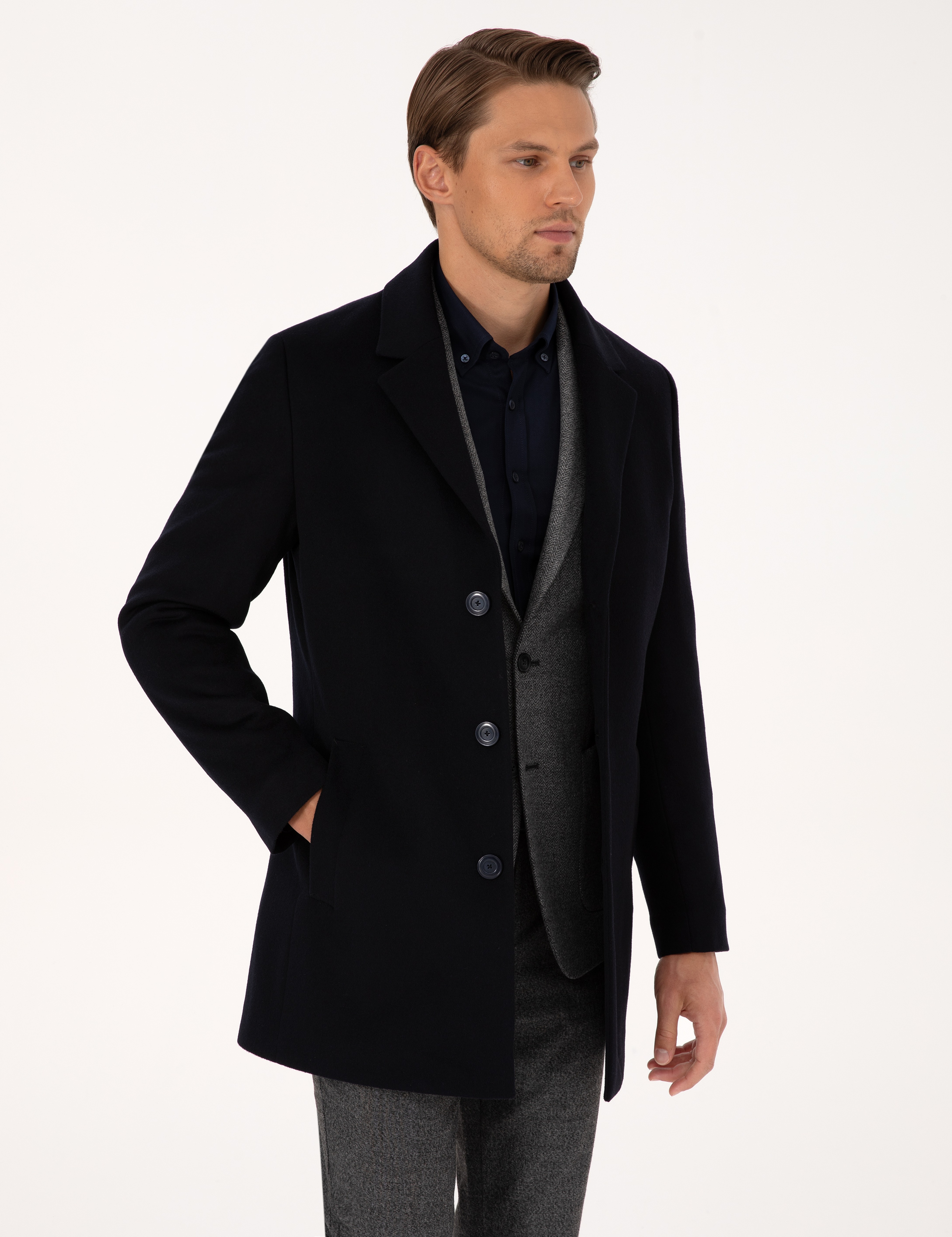 Lacivert Ex. Slim Fit Yün Karışımlı Kaşe Kaban - Image 3