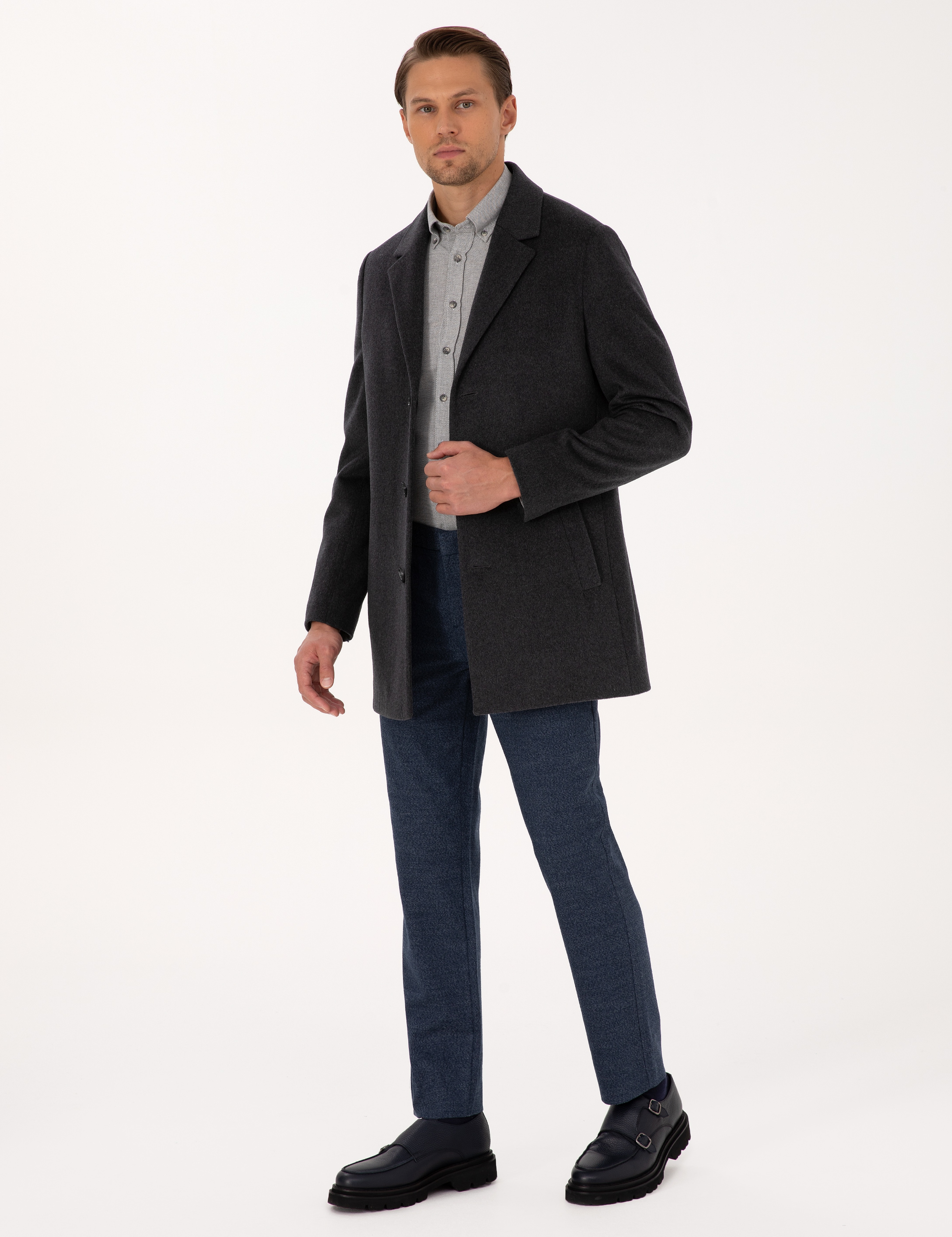 Antrasit Ex. Slim Fit Yün Karışımlı Kaşe Kaban - Image 4
