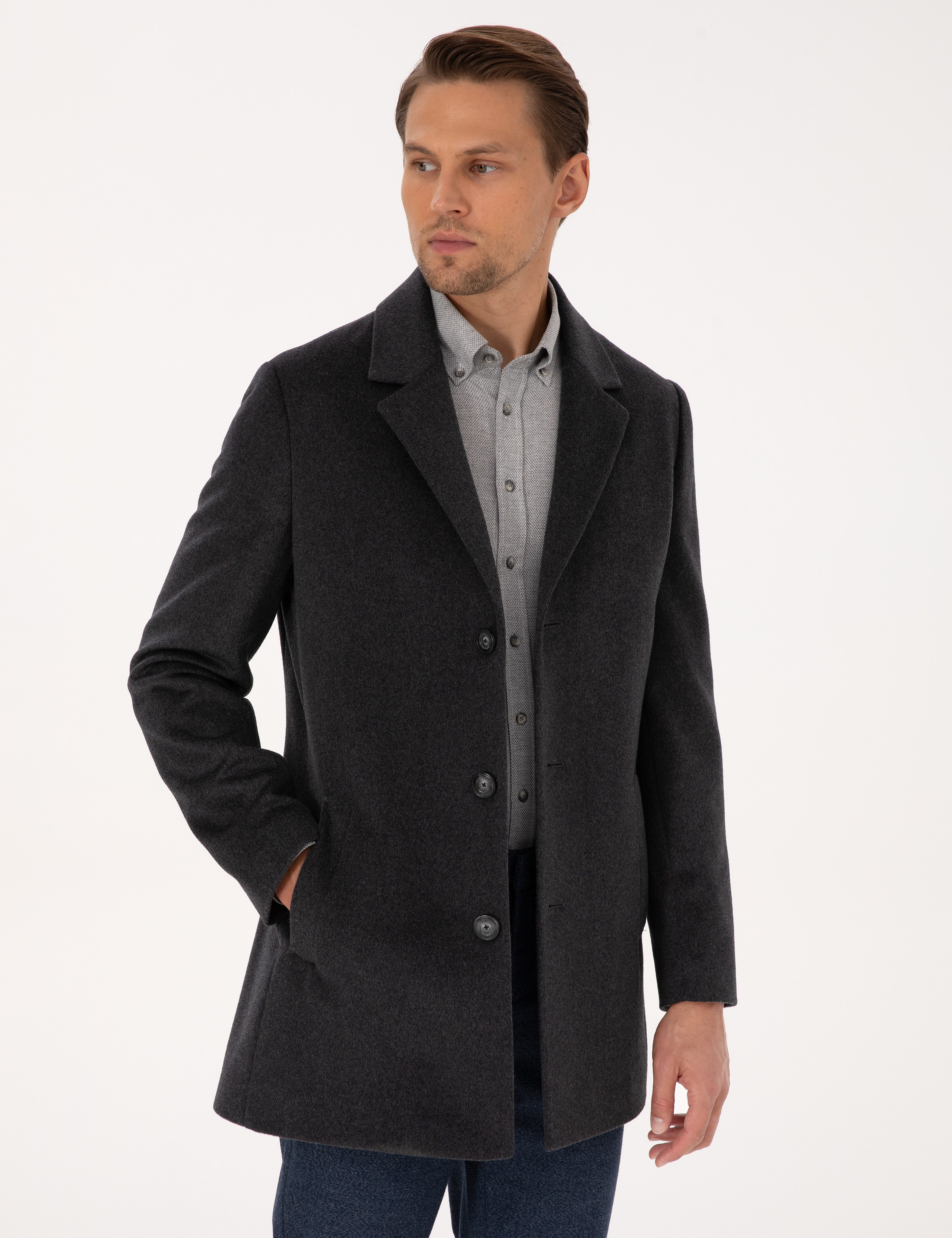 Antrasit Ex. Slim Fit Yün Karışımlı Kaşe Kaban