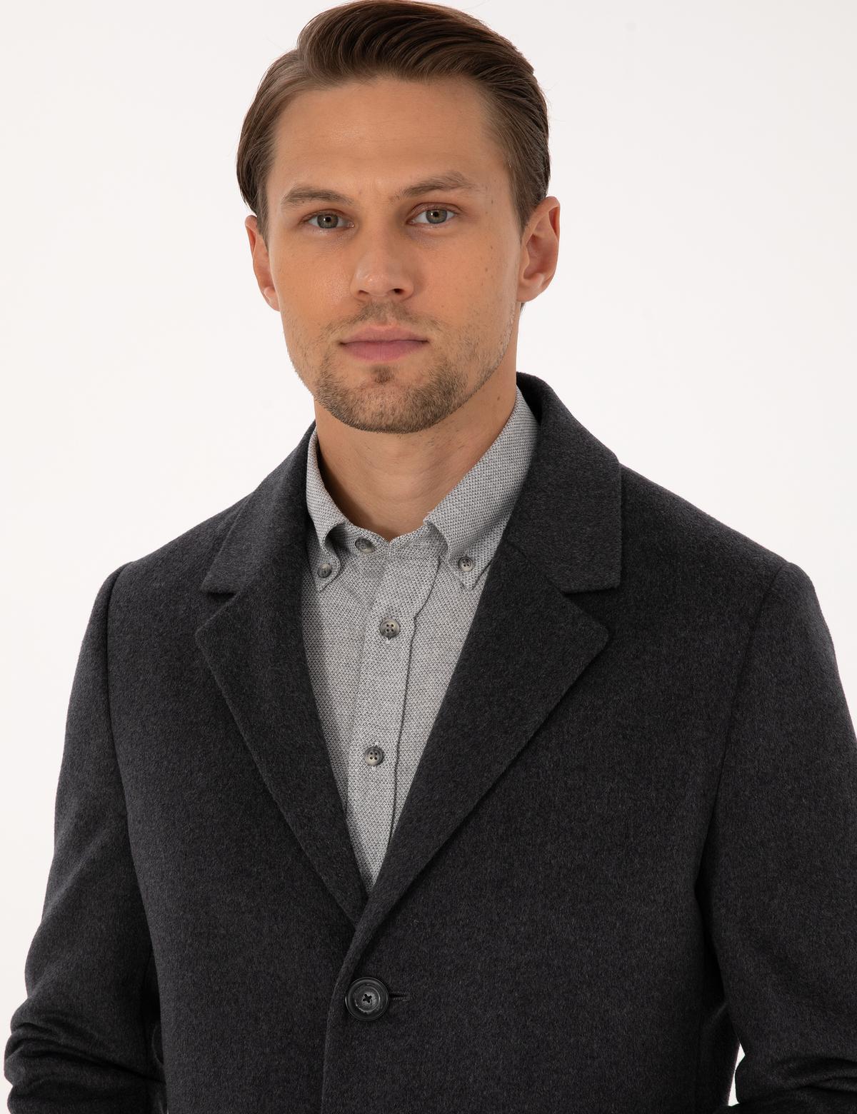 Antrasit Ex. Slim Fit Yün Karışımlı Kaşe Kaban - 50314200053