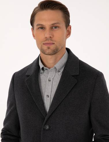 Antrasit Ex. Slim Fit Yün Karışımlı Kaşe Kaban