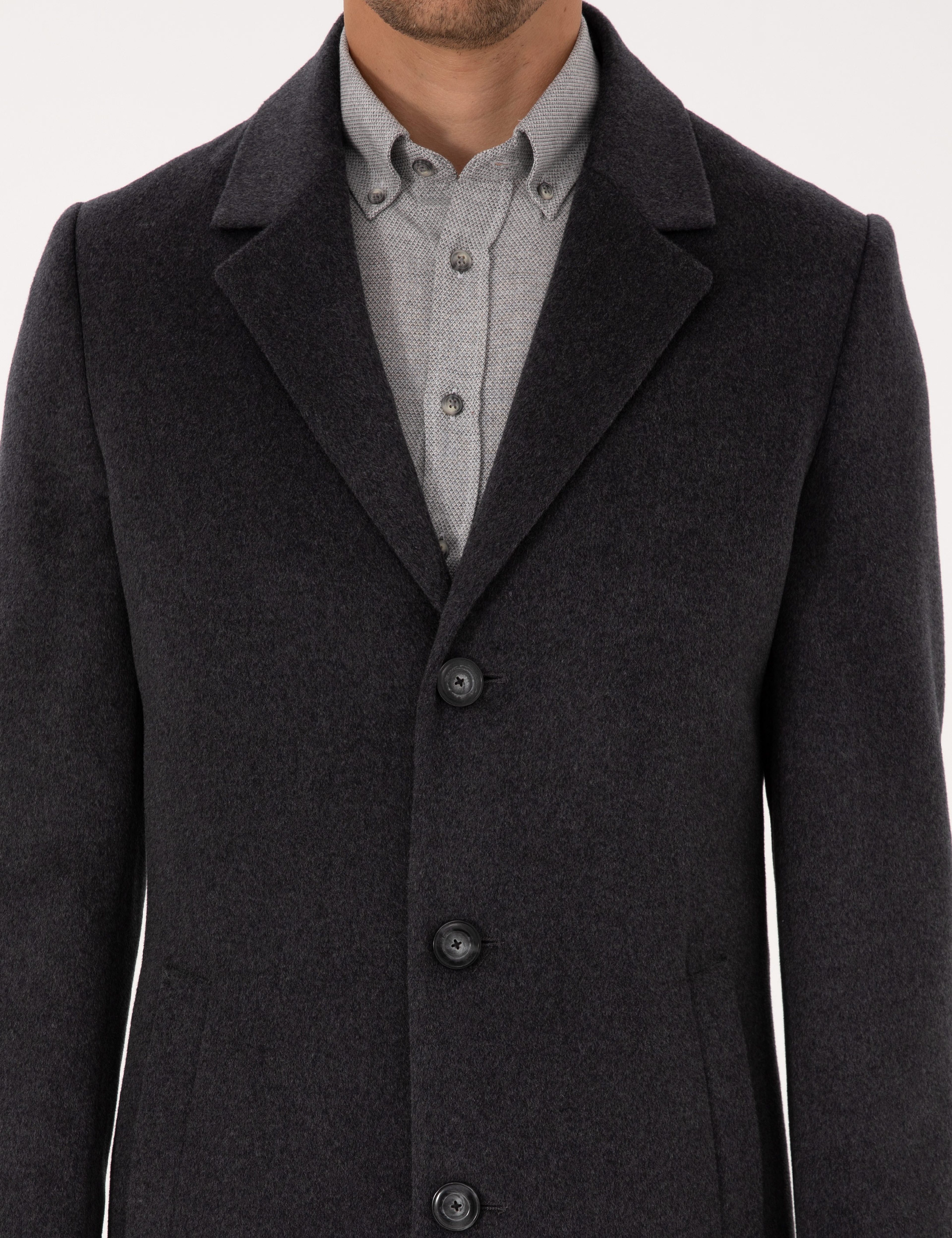Antrasit Ex. Slim Fit Yün Karışımlı Kaşe Kaban