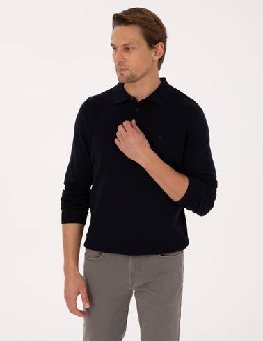 Lacivert Slim Fit Polo Yaka Basic Triko Kazak