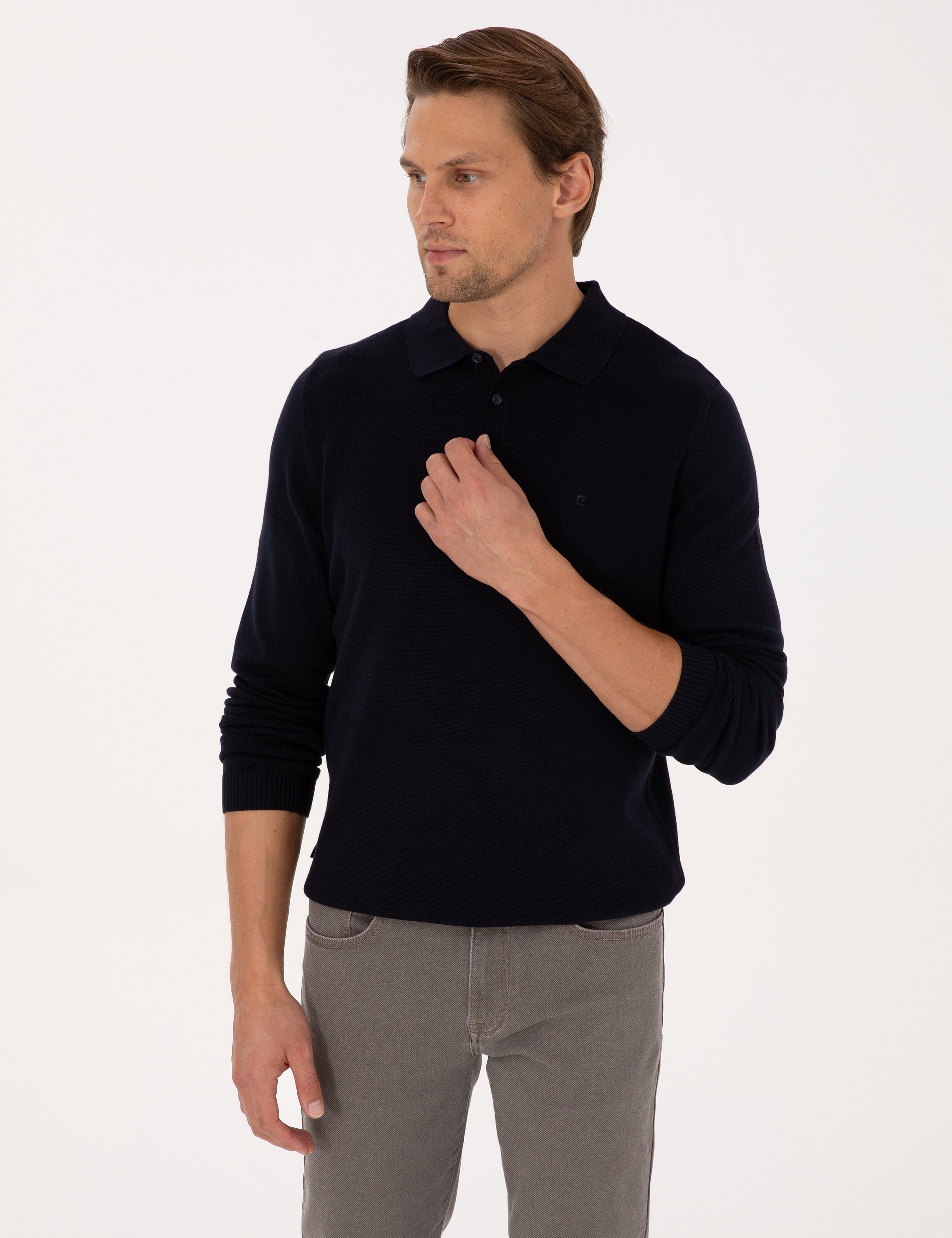 Lacivert Slim Fit Polo Yaka Basic Triko Kazak - Image 3