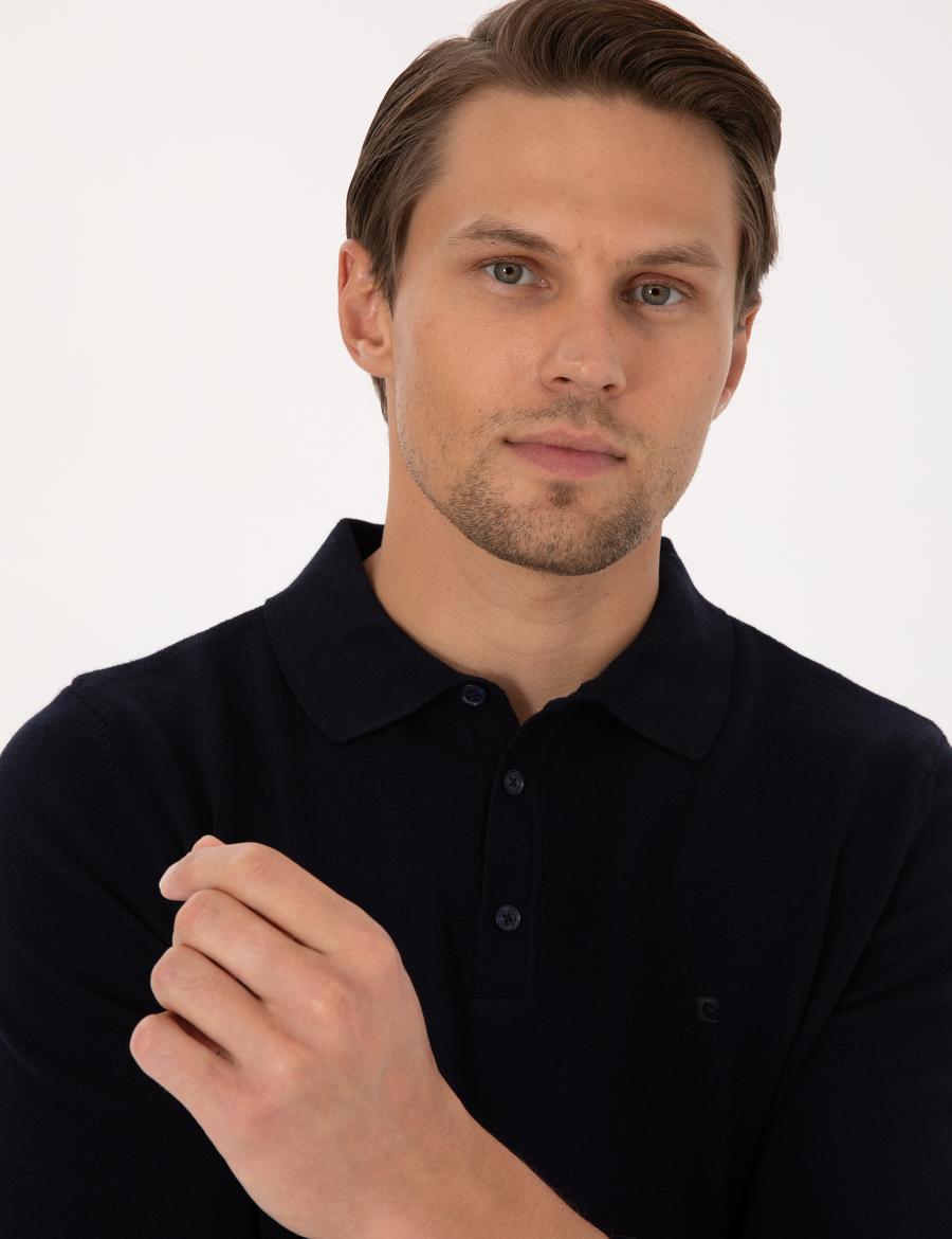 Lacivert Slim Fit Polo Yaka Basic Triko Kazak