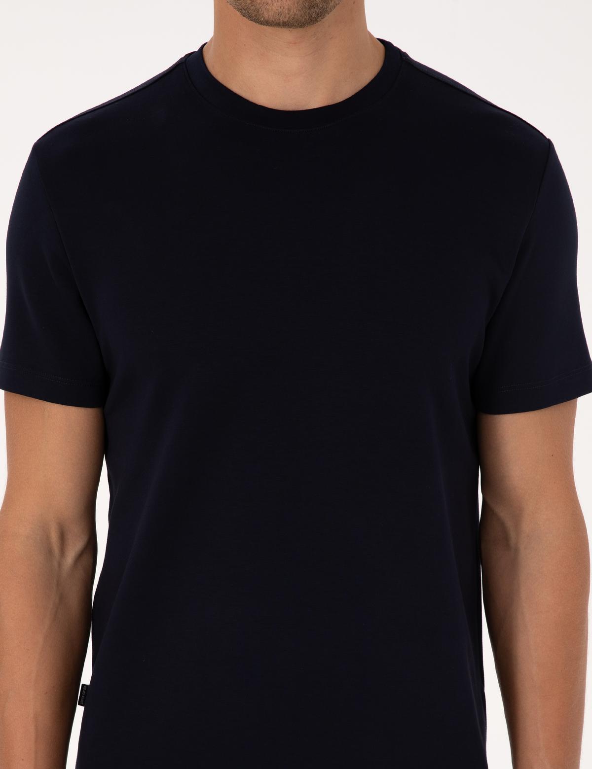 Lacivert Regular Fit Kalın Dokulu Bisiklet Yaka Basic Tişört - 50318130032