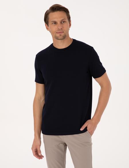 Lacivert Regular Fit Kalın Dokulu Bisiklet Yaka Basic Tişört - 50318130032