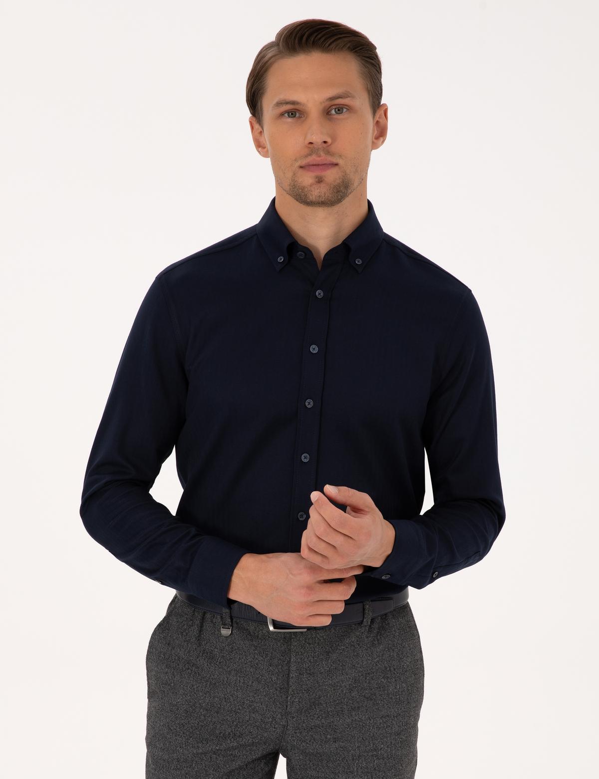 Lacivert Mikro Desenli Slim Fit Uzun Kollu Gömlek