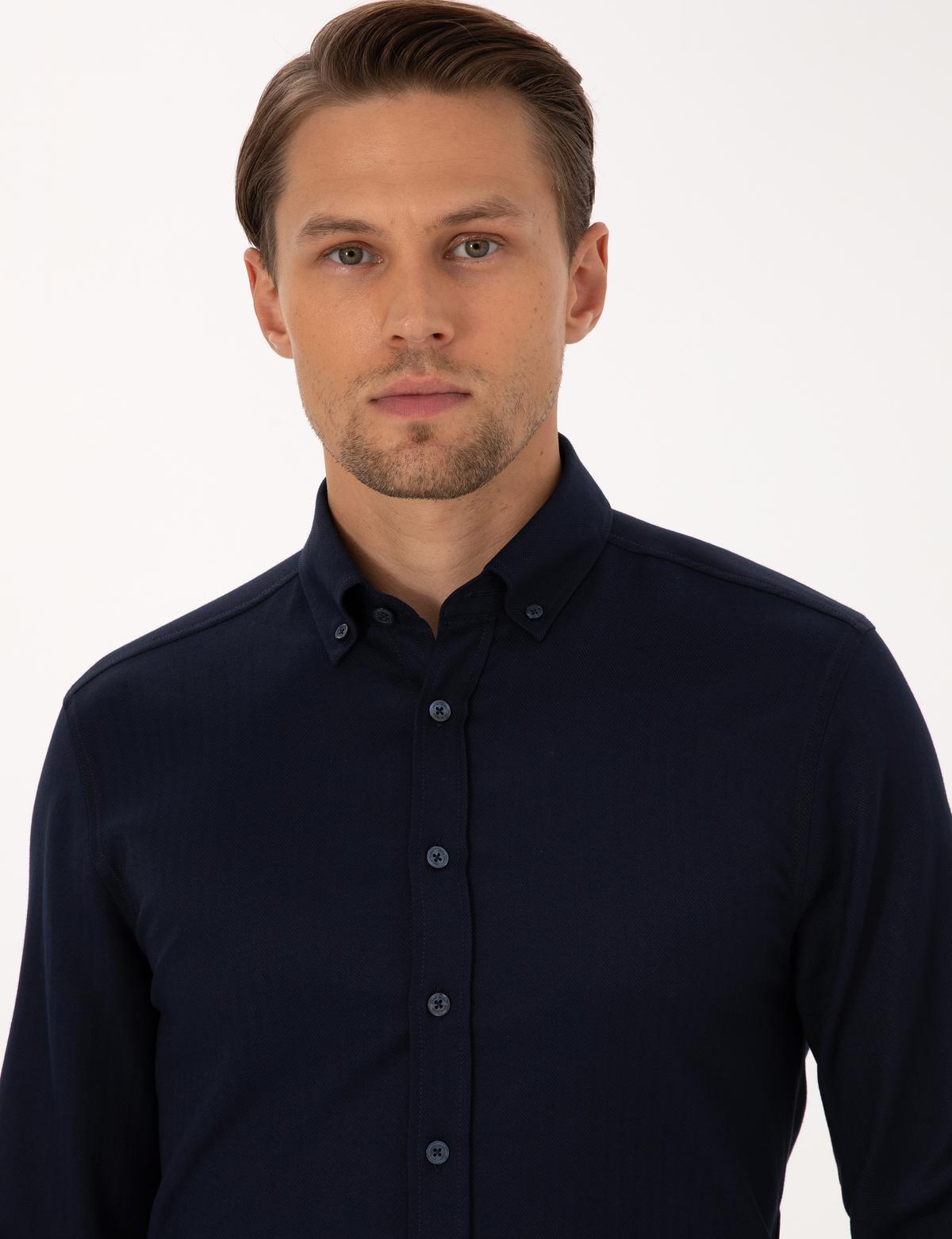 Lacivert Mikro Desenli Slim Fit Uzun Kollu Gömlek - 50316747019