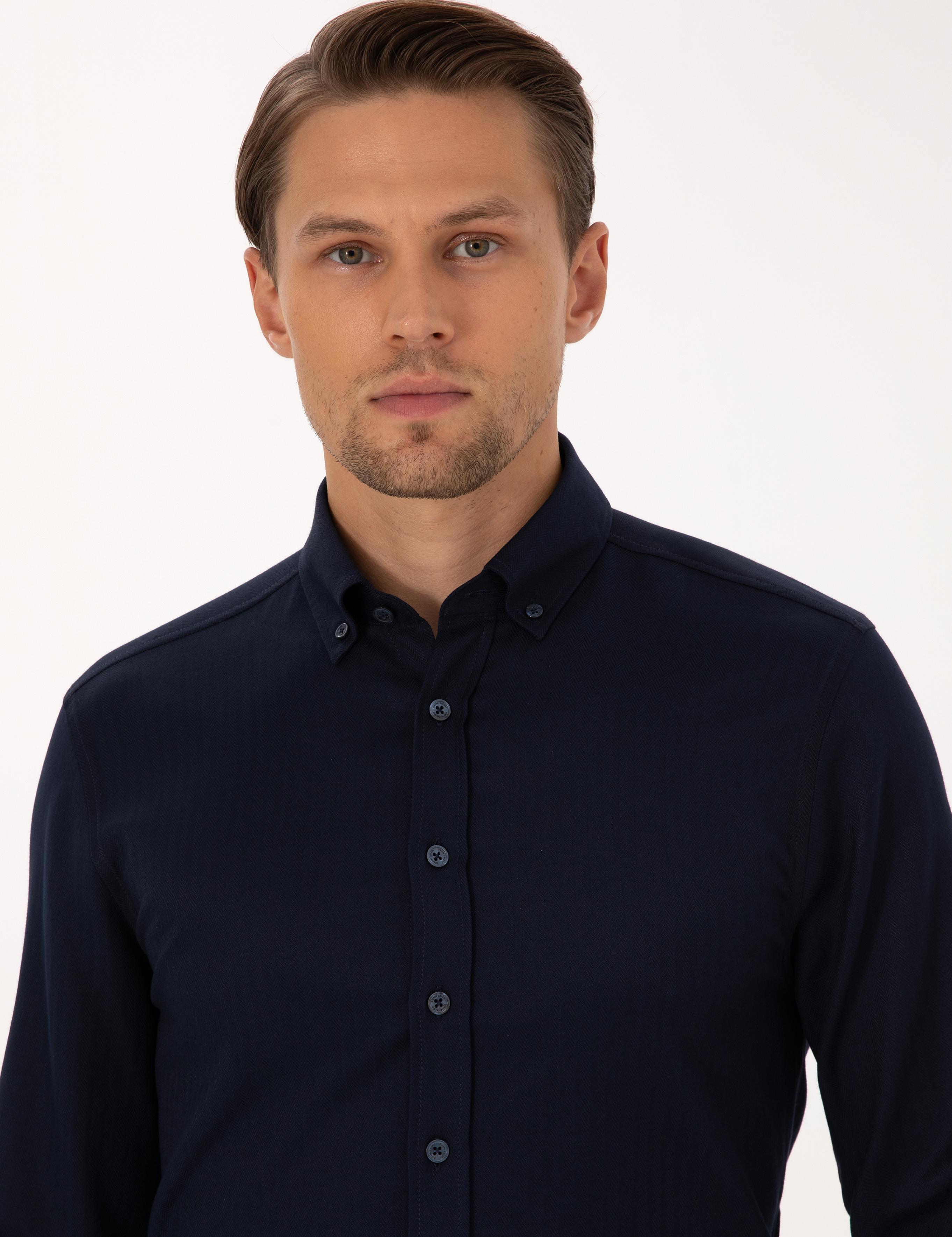 Lacivert Mikro Desenli Slim Fit Uzun Kollu Gömlek