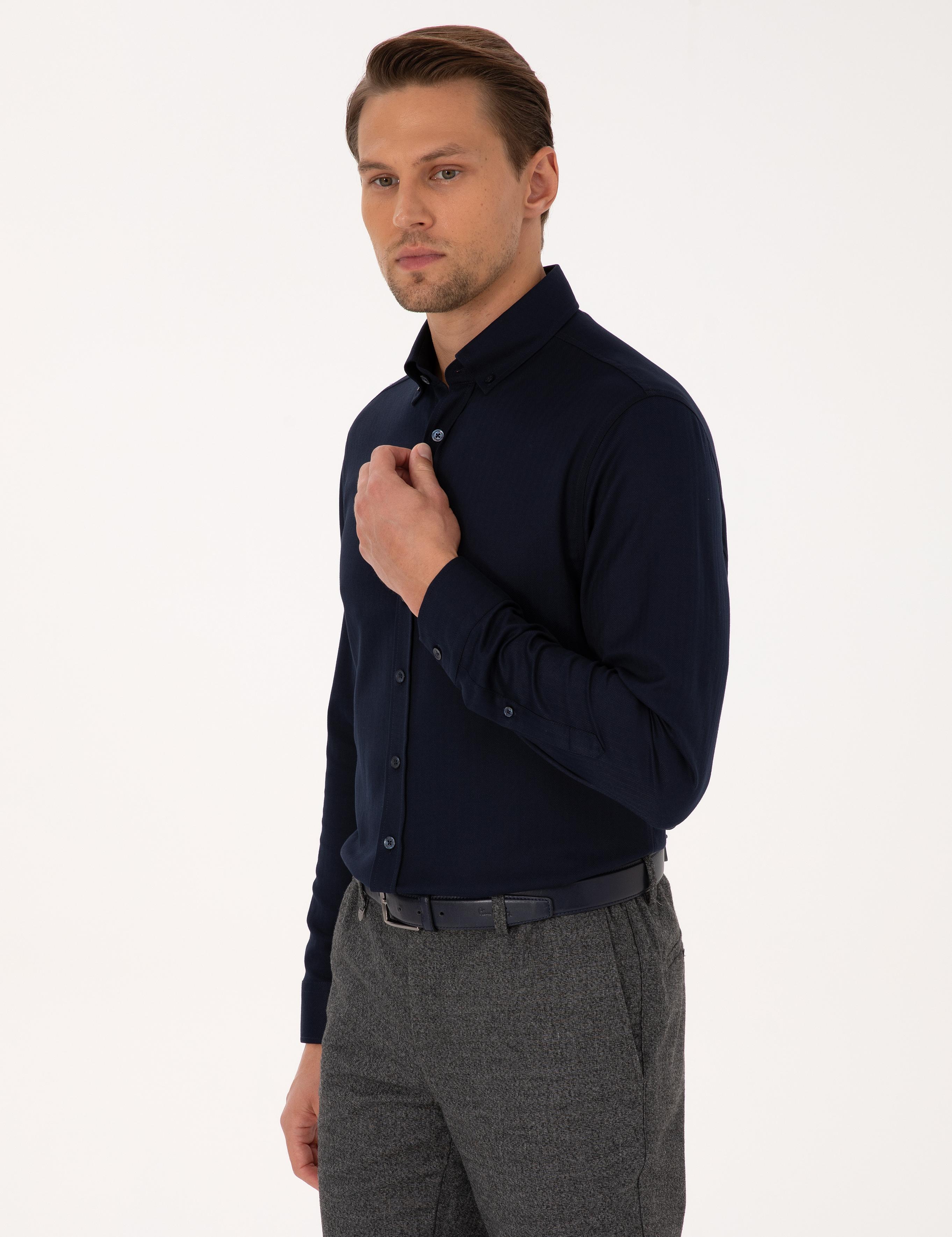 Lacivert Mikro Desenli Slim Fit Uzun Kollu Gömlek