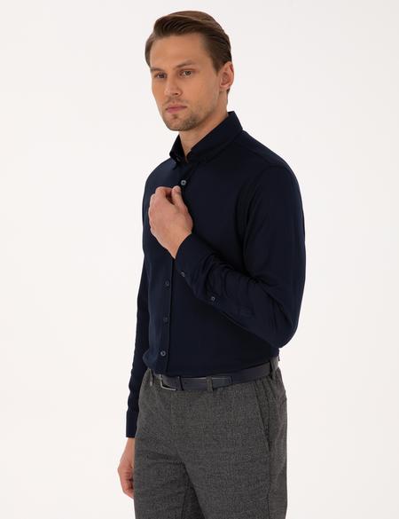 Lacivert Mikro Desenli Slim Fit Uzun Kollu Gömlek - 50316747019