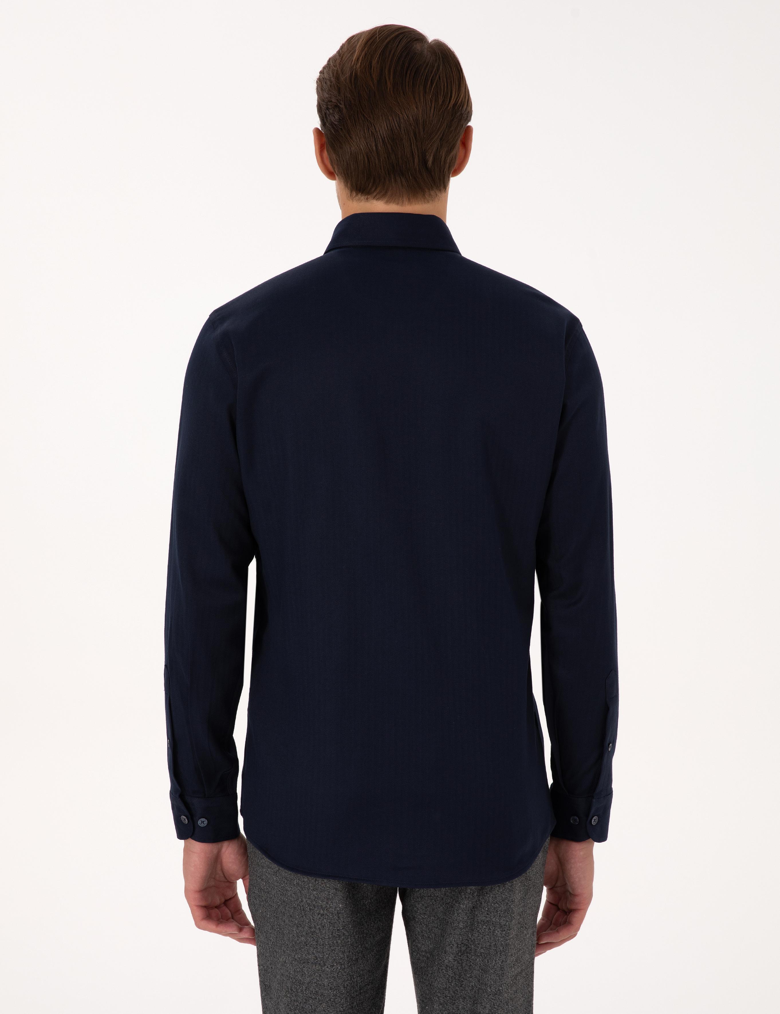 Lacivert Mikro Desenli Slim Fit Uzun Kollu Gömlek