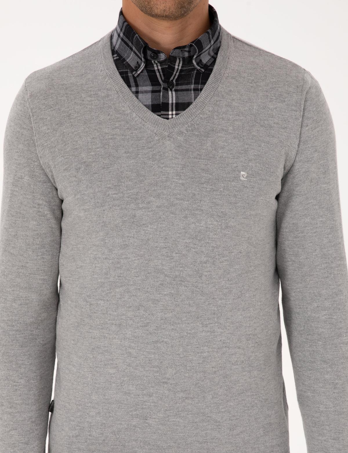 Açık Gri Melanj Slim Fit V Yaka Basic Triko Kazak - 50314190128