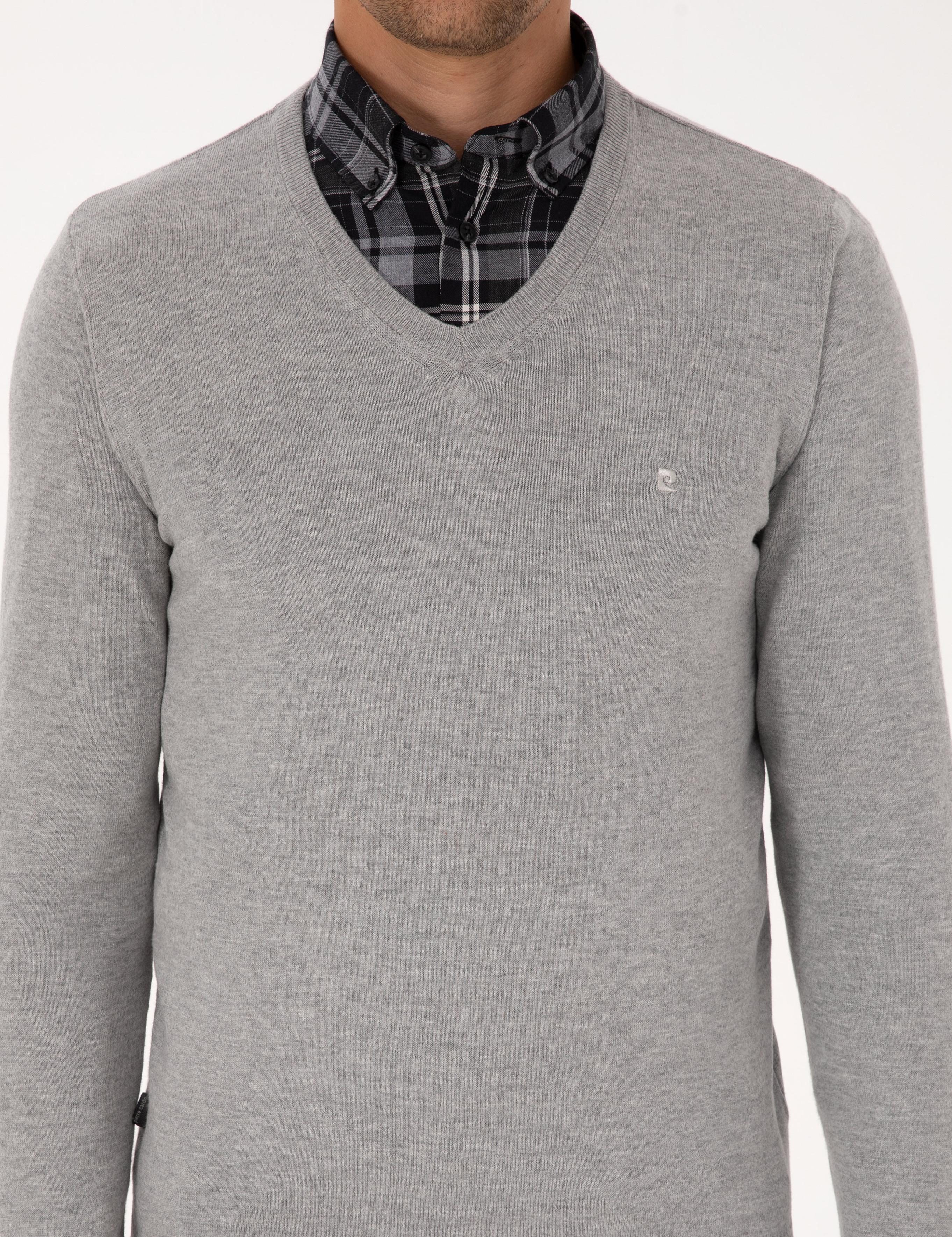 Açık Gri Melanj Slim Fit V Yaka Basic Triko Kazak